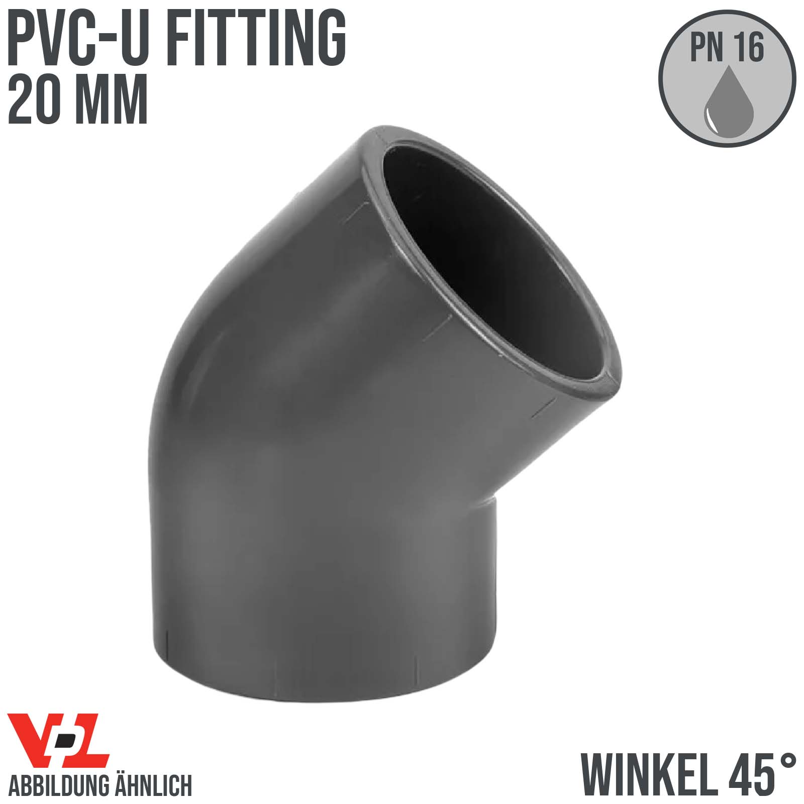 20 mm VDL PVC Klebe Fitting Winkel 45° Muffe Verbinder - PN 16 bar
