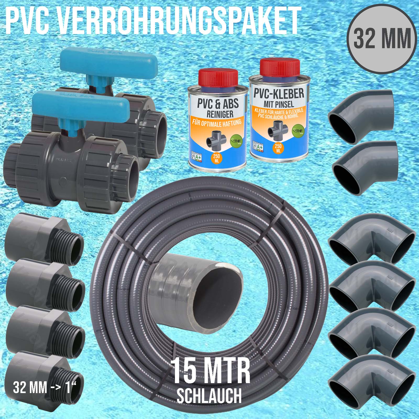 32 mm PVC Klebe Fittings Verrohrungspaket Pool Schwimmbad Schlauch FLEX (1") - 15 m - blau