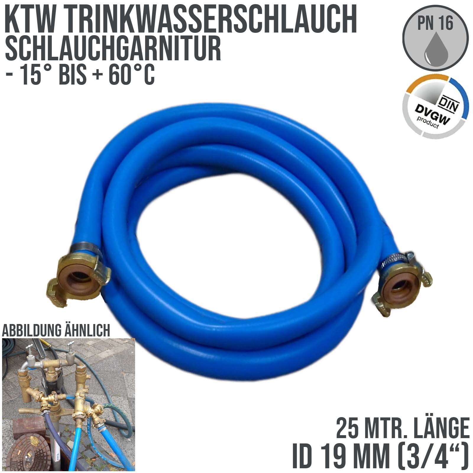 19 mm 3/4" Zoll TPE Trinkwasser Garnitur GEKA-Schnellkupplung Kirmes Schlauch KTW DVGW PN15 bar - 25 m