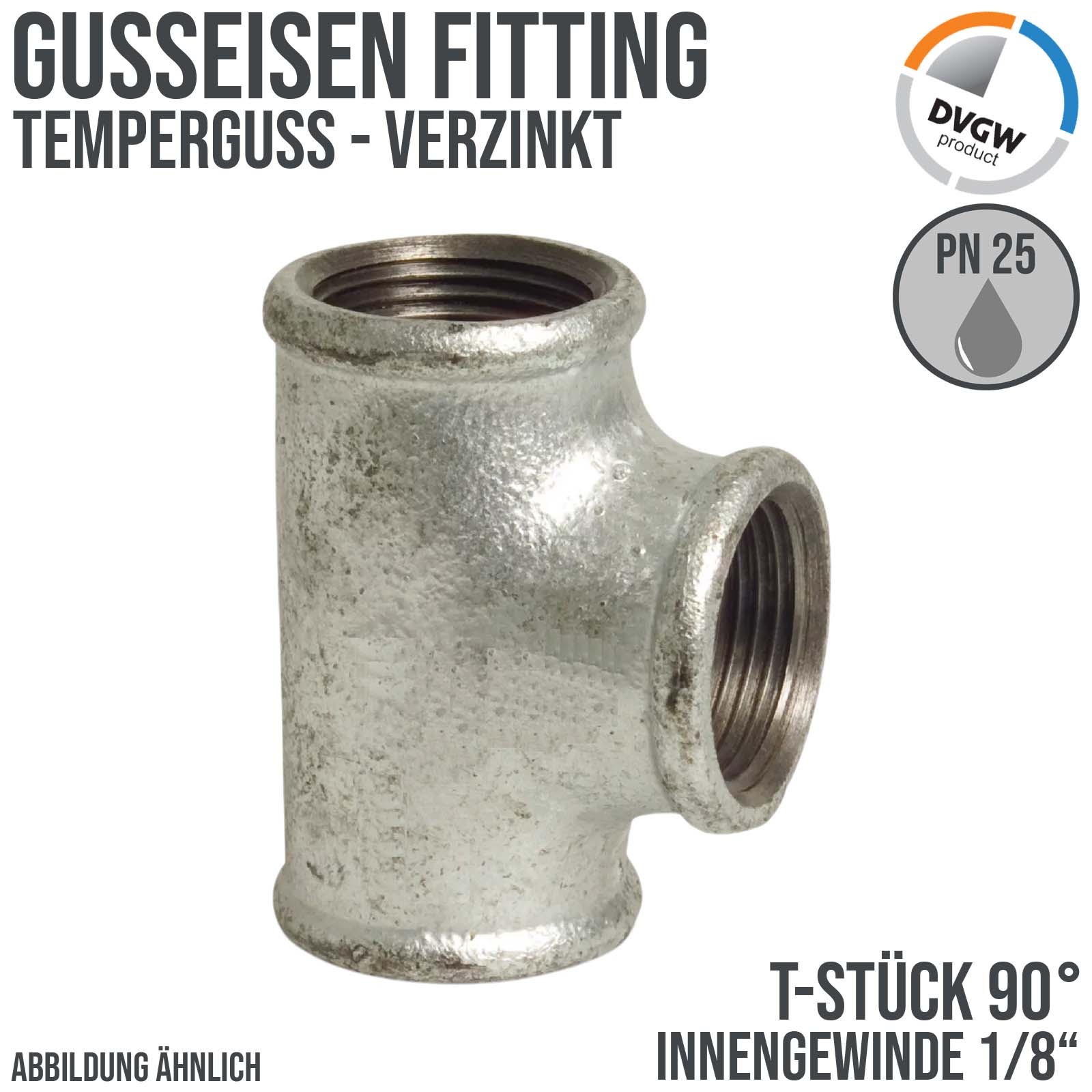 1/8" Gusseisen Temperguss Fitting T-Stück 90° Innengewinde IG DVGW PN 25 bar