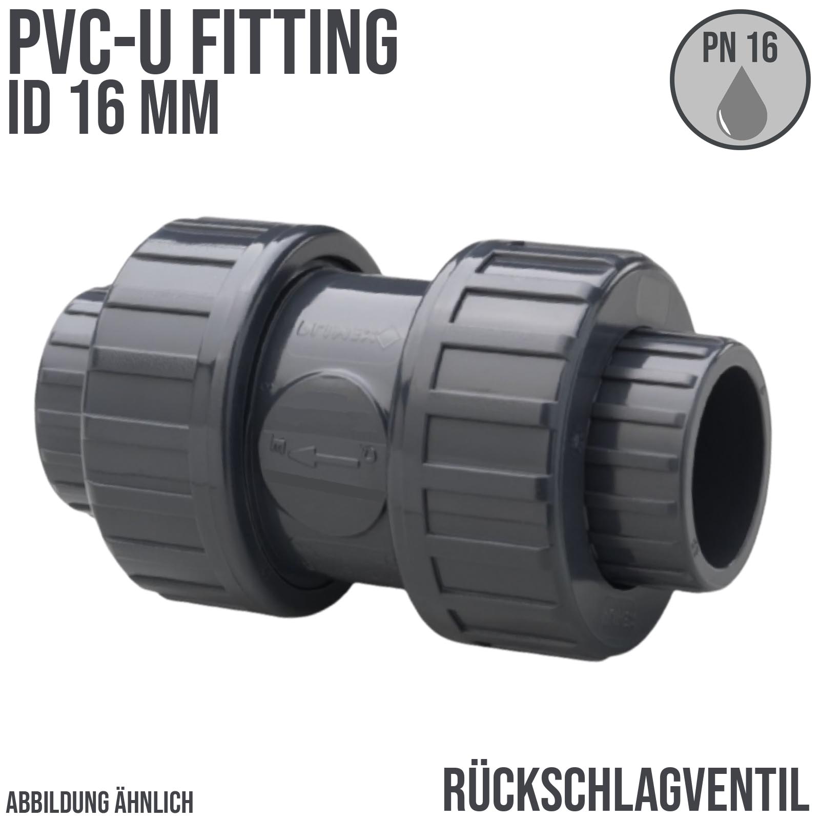 16 mm PVC Rückschlag Ventil federbelastet Klebe Muffe grau - PN 16 bar