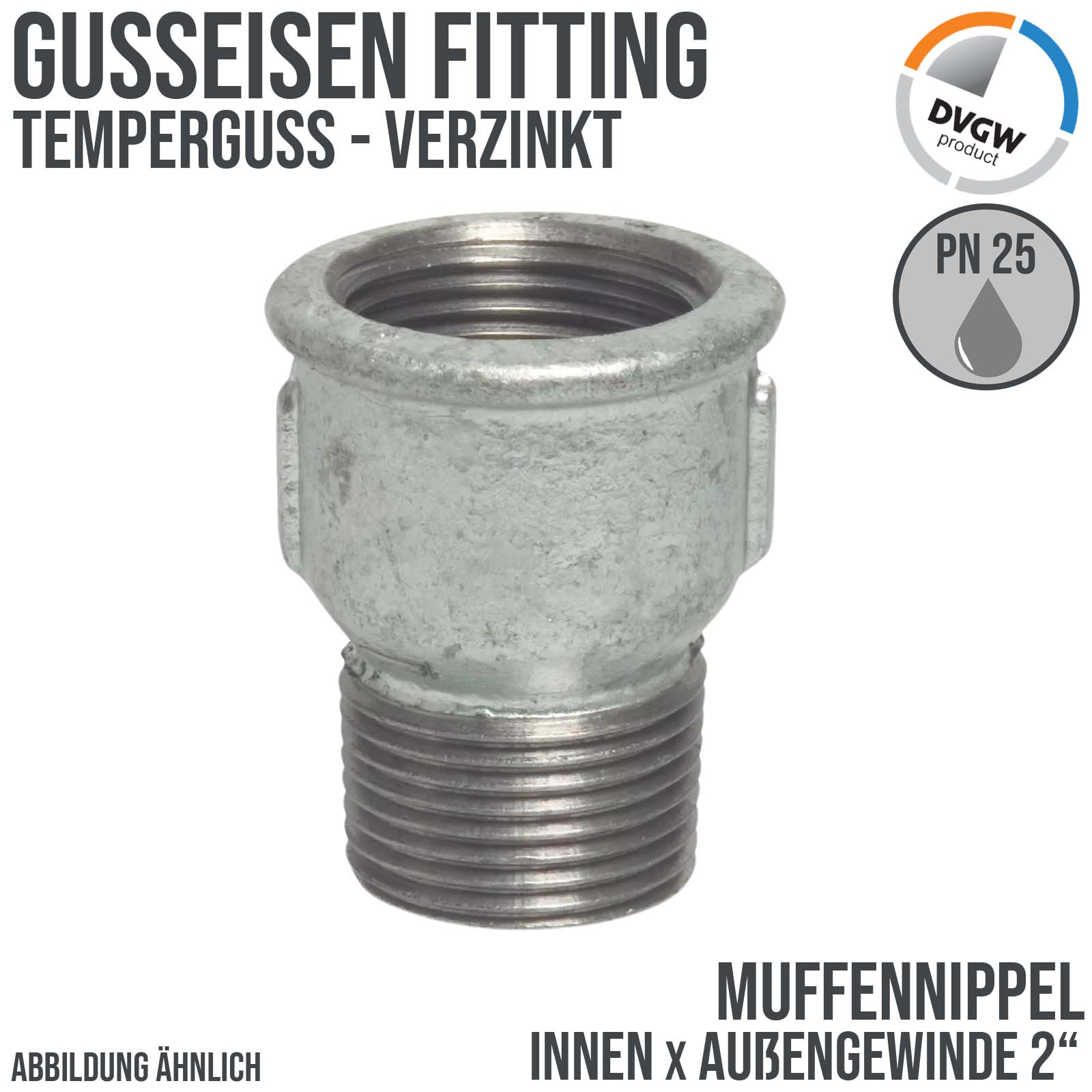 2" Gusseisen Temperguss Fitting Muffennippel Innen x Außengewinde IG AG DVGW PN 25 bar