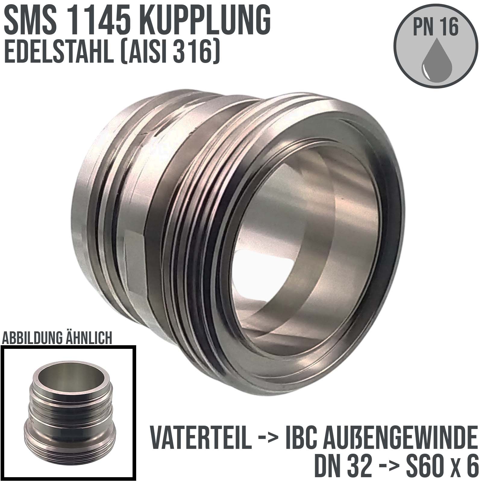 DN 32 SMS Kupplung 1145 Übergang Adapter Vaterteil Außengewinde -> IBC S60 x 6 Außengewinde - PN 16 bar