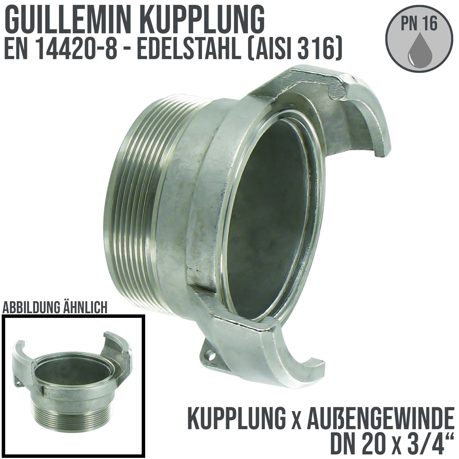 DN 20 Guillemin Kupplung BSPP Außengewinde AG 3/4" Edelstahl AISI 316 - PN 16 bar