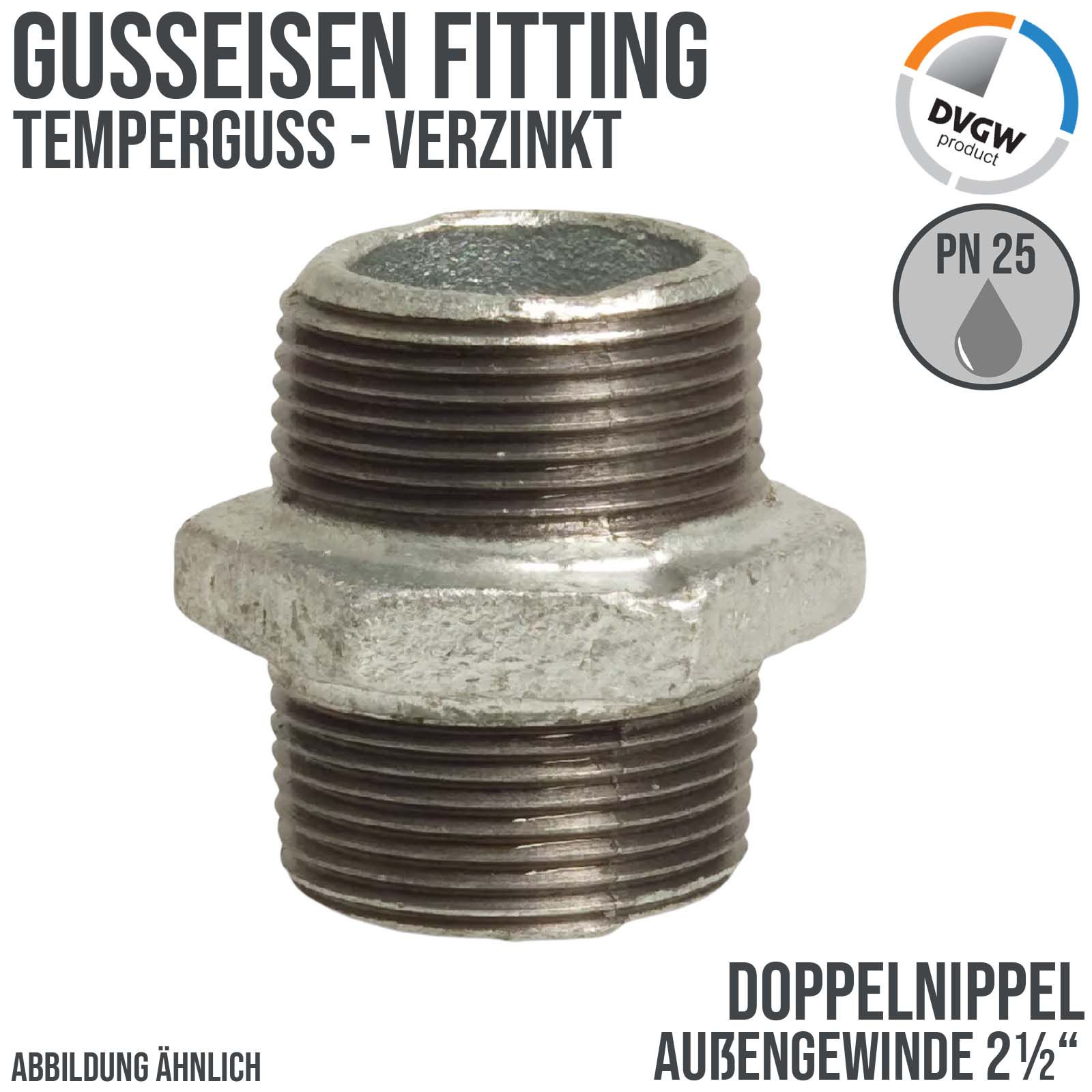 2 1/2" Gusseisen Temperguss Fitting Doppelnippel Außengewinde AG DVGW PN 25 bar