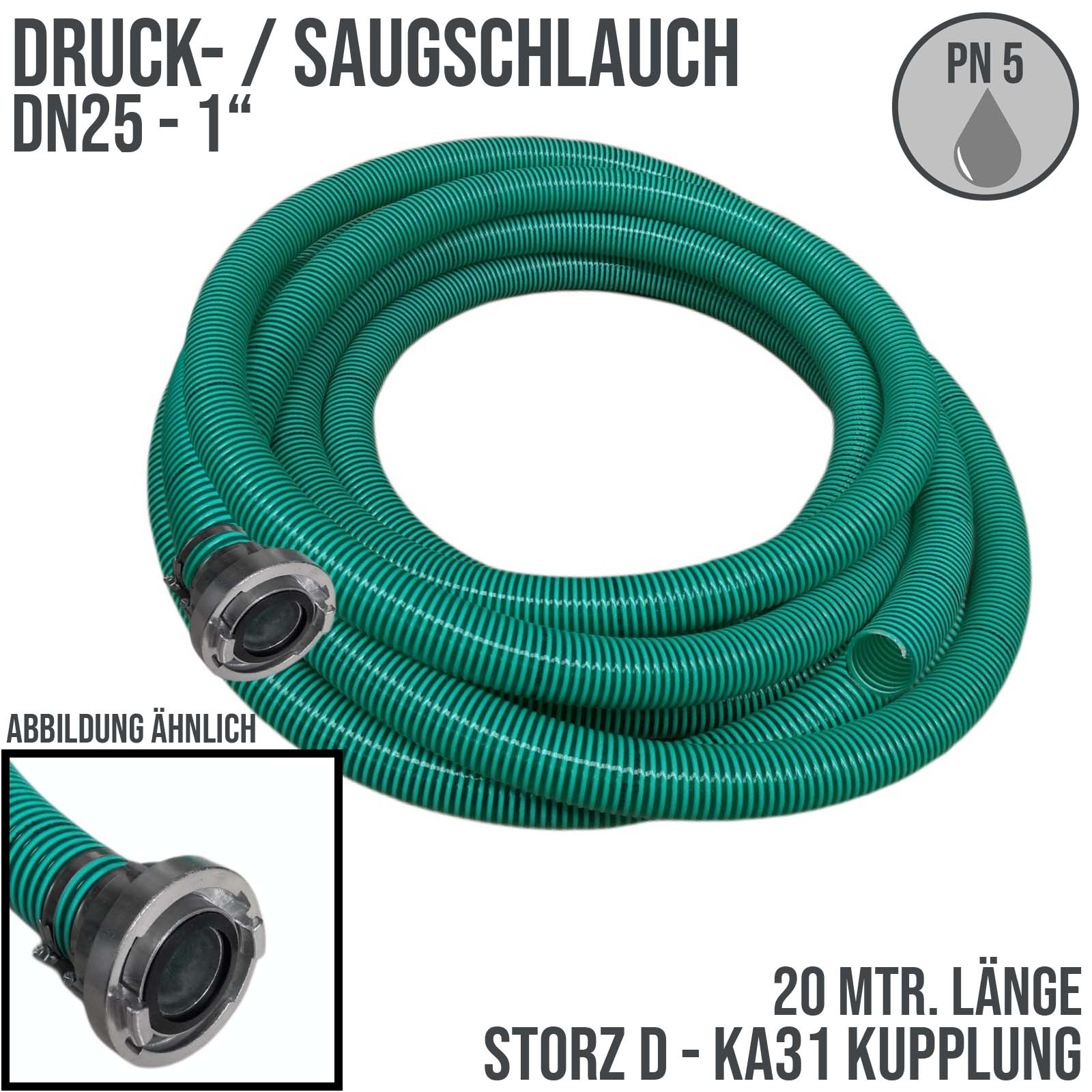 STORZ D DN25 KA31 einseitig - 25 mm 1" PVC Saug Ansaug Pumpen Spiral Schlauch PN 5 bar grün - 20 m Rolle