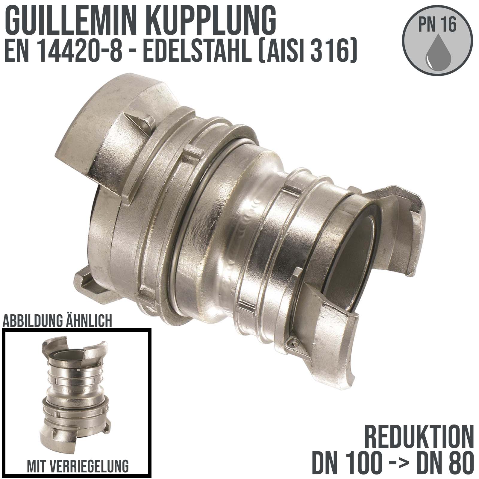 DN 100 -> DN 80 Guillemin Kupplung Reduktion Reduzierer Übergangsstück Verriegelung Edelstahl AISI 316 - PN 16 bar