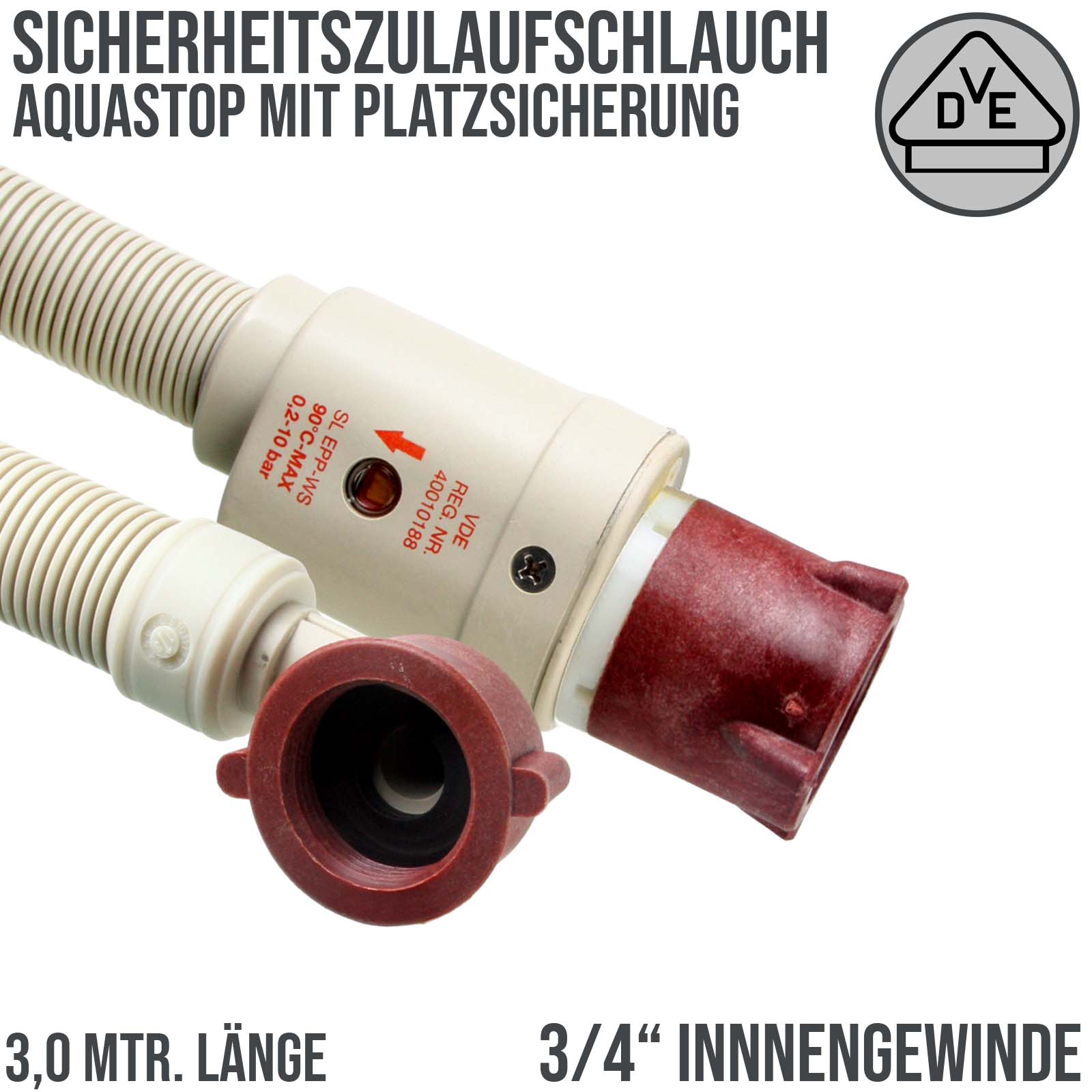 3/4" Aquastop Sicherheits Zulauf Schlauch Waschmaschine Geschirrspüler VDE  3,0 m