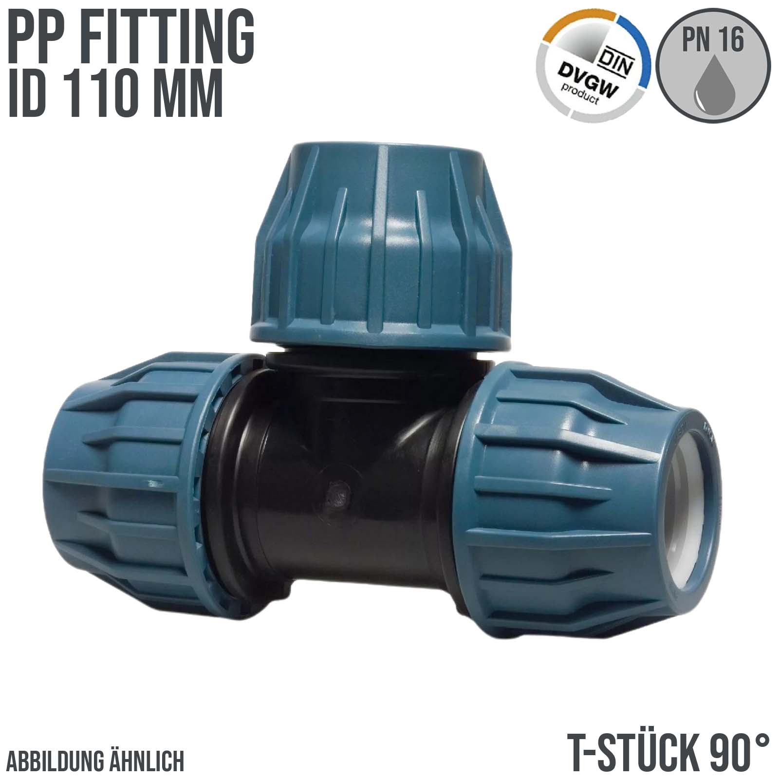 110 mm PE PP Fitting Klemm Verbinder Verschraubung Muffe Rohr T-Stück 90° DVGW - PN 16 bar