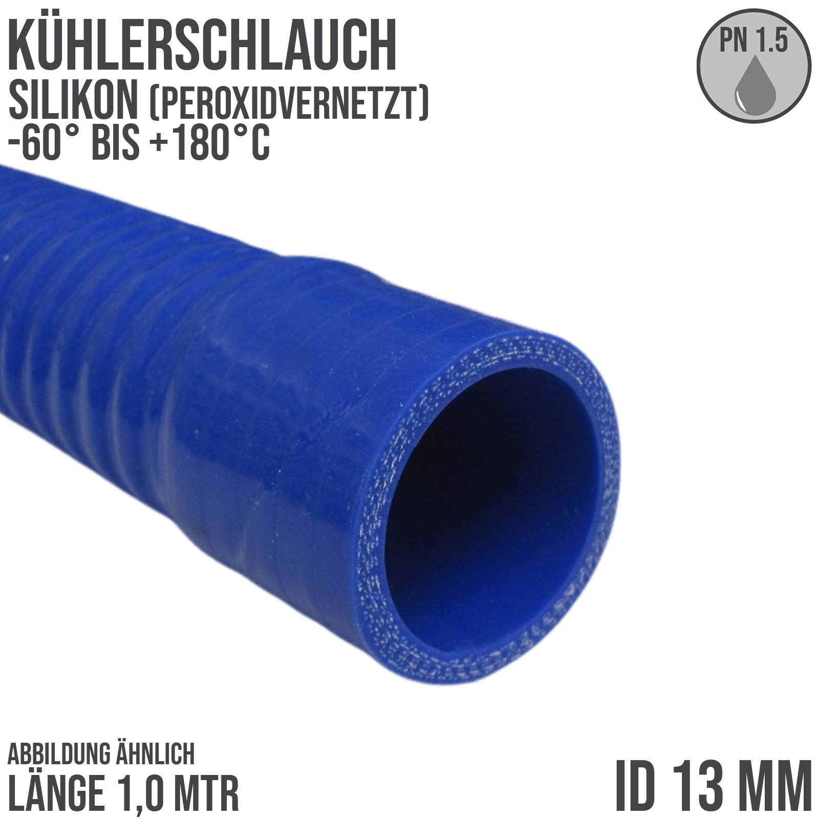 13 x 23 mm leicht flexibler Kühler Silikon LLK Ladeluft Kühlmittel Schlauch blau PN 1,5 bar - 1000 mm Länge