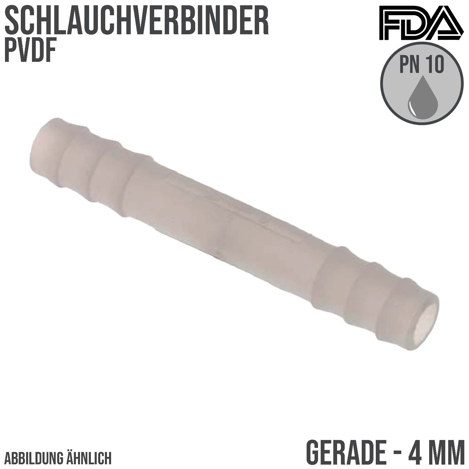 4 mm PVDF Schlauch Verbinder Stutzen Tülle Fitting FDA Lebensmittel weiss PN 10 bar