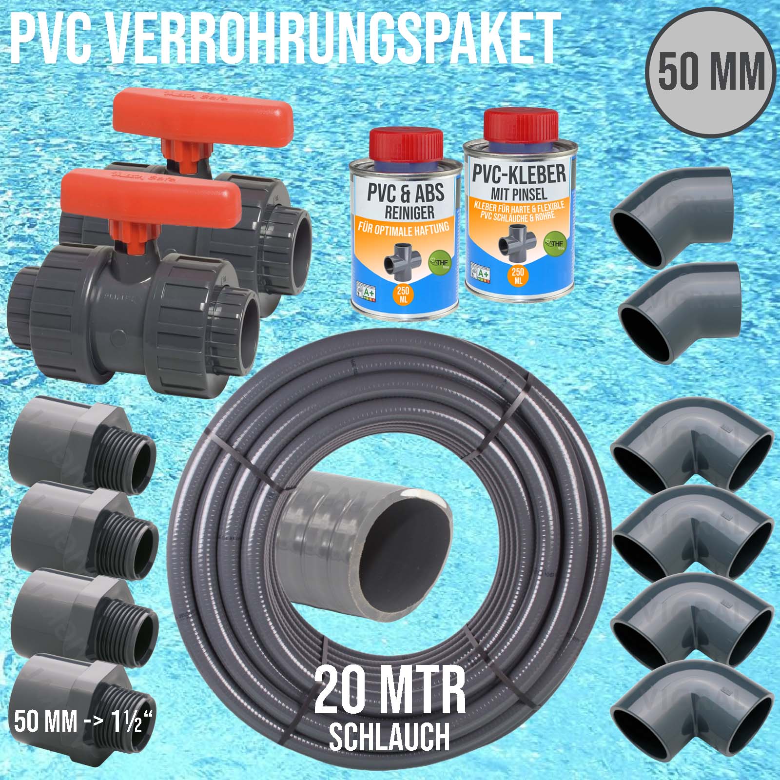 50 mm PVC Klebe Fittings Verrohrungspaket Pool Schwimmbad Schlauch FLEX (1 1/2") - 20 m - rot