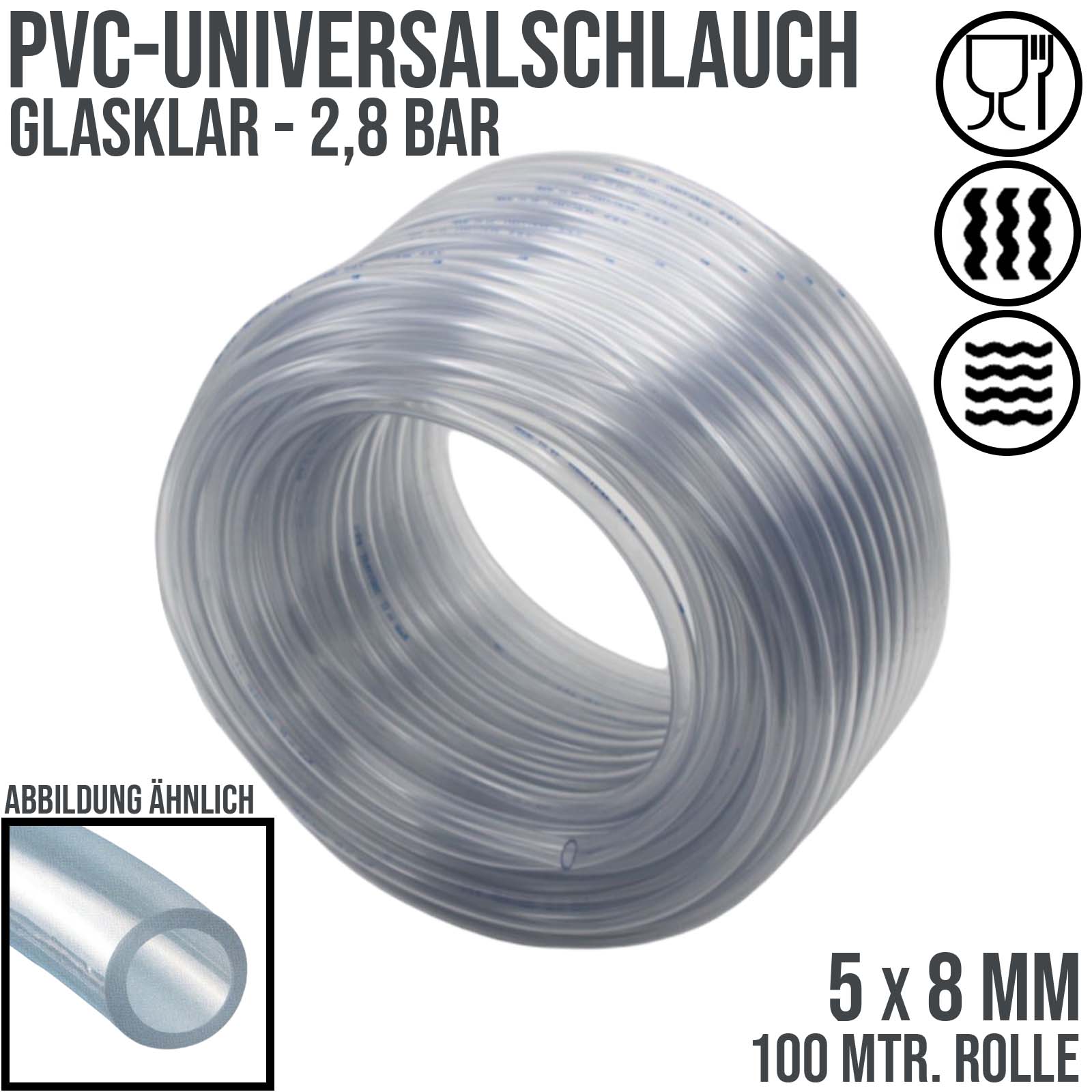5 x 8 mm PVC Luft Filter Wasser Universal Labor Aquarium Terrarium Schlauch klar durchsichtig - PN 2,8 bar  - 100 m
