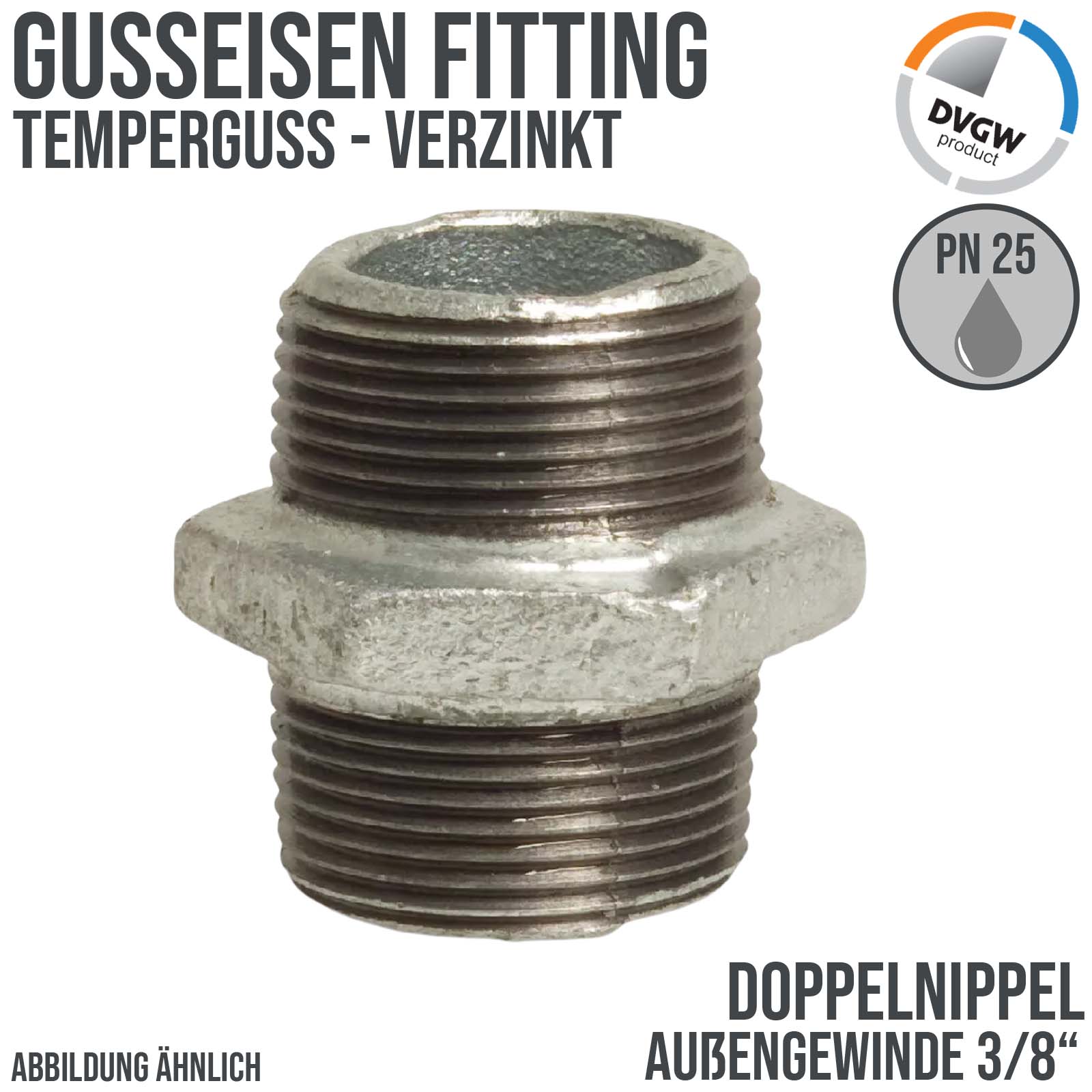 3/8" Gusseisen Temperguss Fitting Doppelnippel Außengewinde AG DVGW PN 25 bar