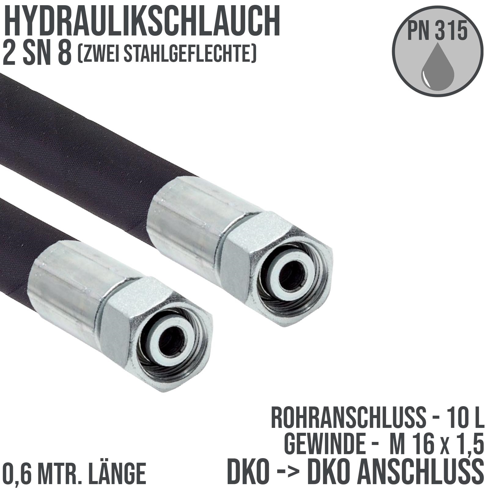 Hydraulikschlauch DN 8 2SN8 - 10 L DKO auf DKO Anschluss IG (M 16 x 1,5) - 600 mm