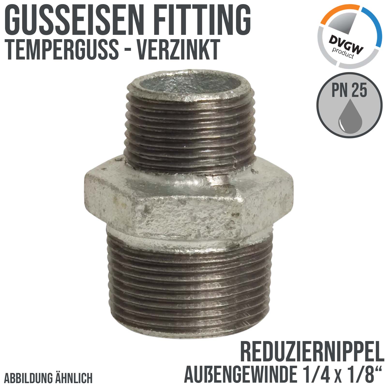 1/4" x 1/8" Gusseisen Temperguss Reduziernippel Außen x Außengewinde AG PN 25 bar