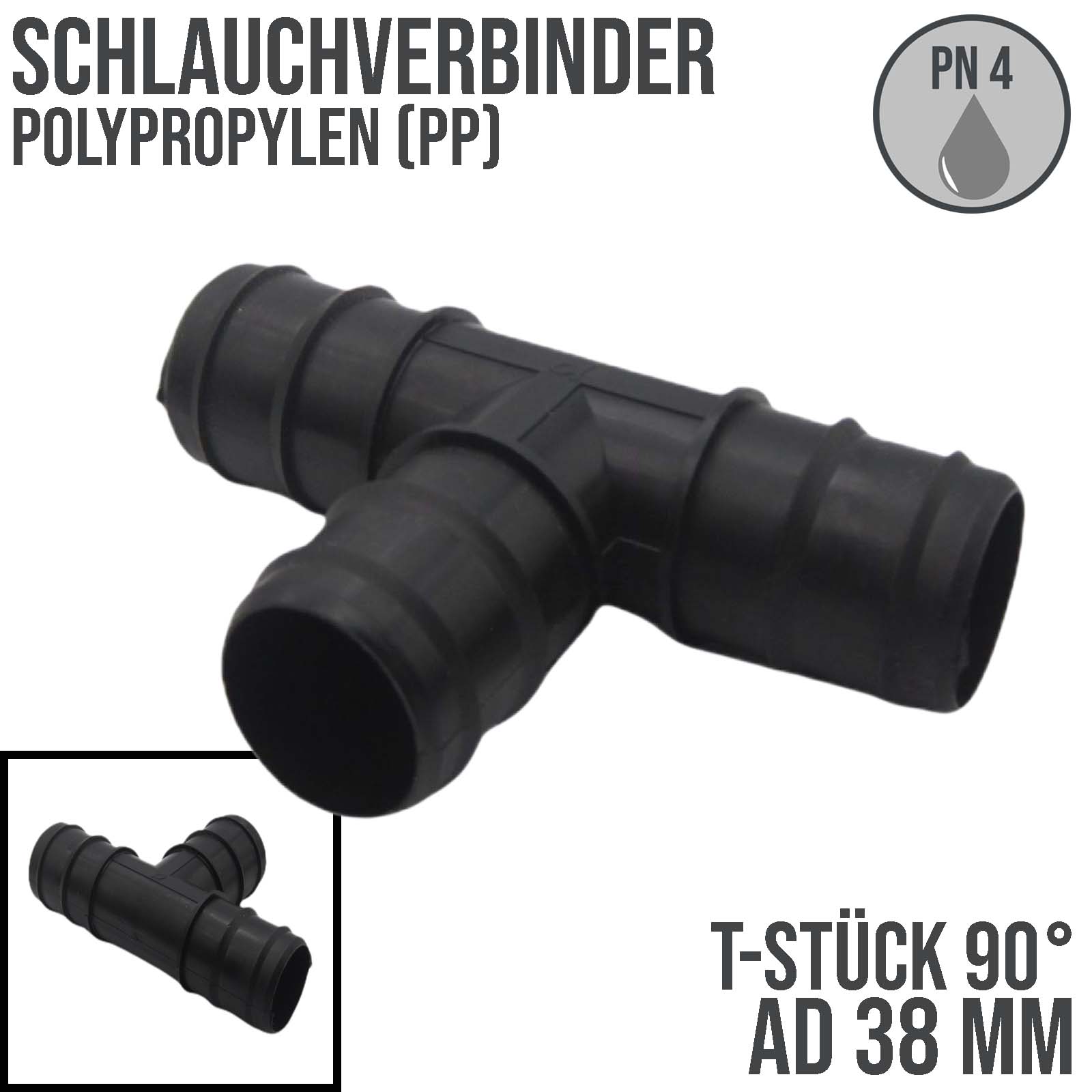38 mm T-Stück PP Schlauch Tülle Stutzen Verbinder Pool Schlauch schwarz - PN 4 bar