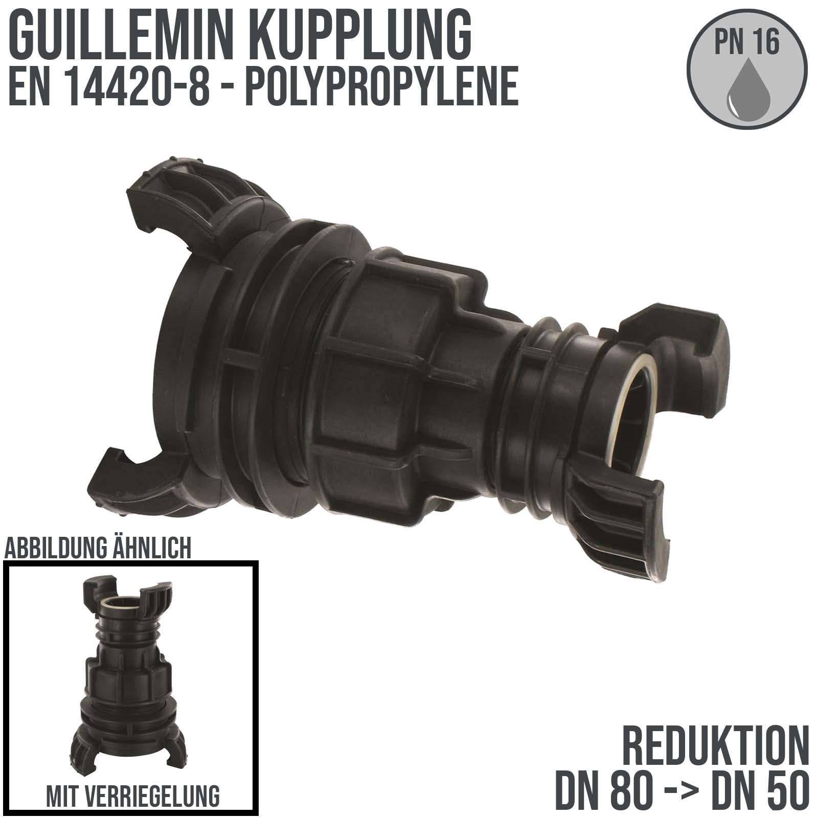 DN 80 -> DN 50 Guillemin Kupplung Reduktion Reduzierer Übergangsstück Verriegelung Polypropylene (PP) - PN 16 bar