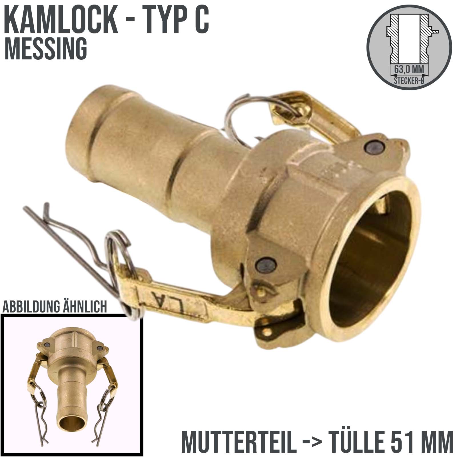 Kamlock Typ C - Mutterteil (63,0 mm) Messing MS -> Tülle 51 mm 2" Zoll DN50 - PN 17 bar