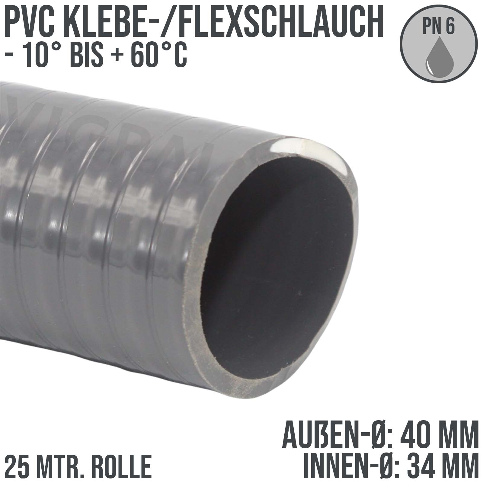 40 x 34 mm PVC Klebe Flex Spiral Schwimmbad Pool Teich Schlauch grau PN 5 bar - 25 m