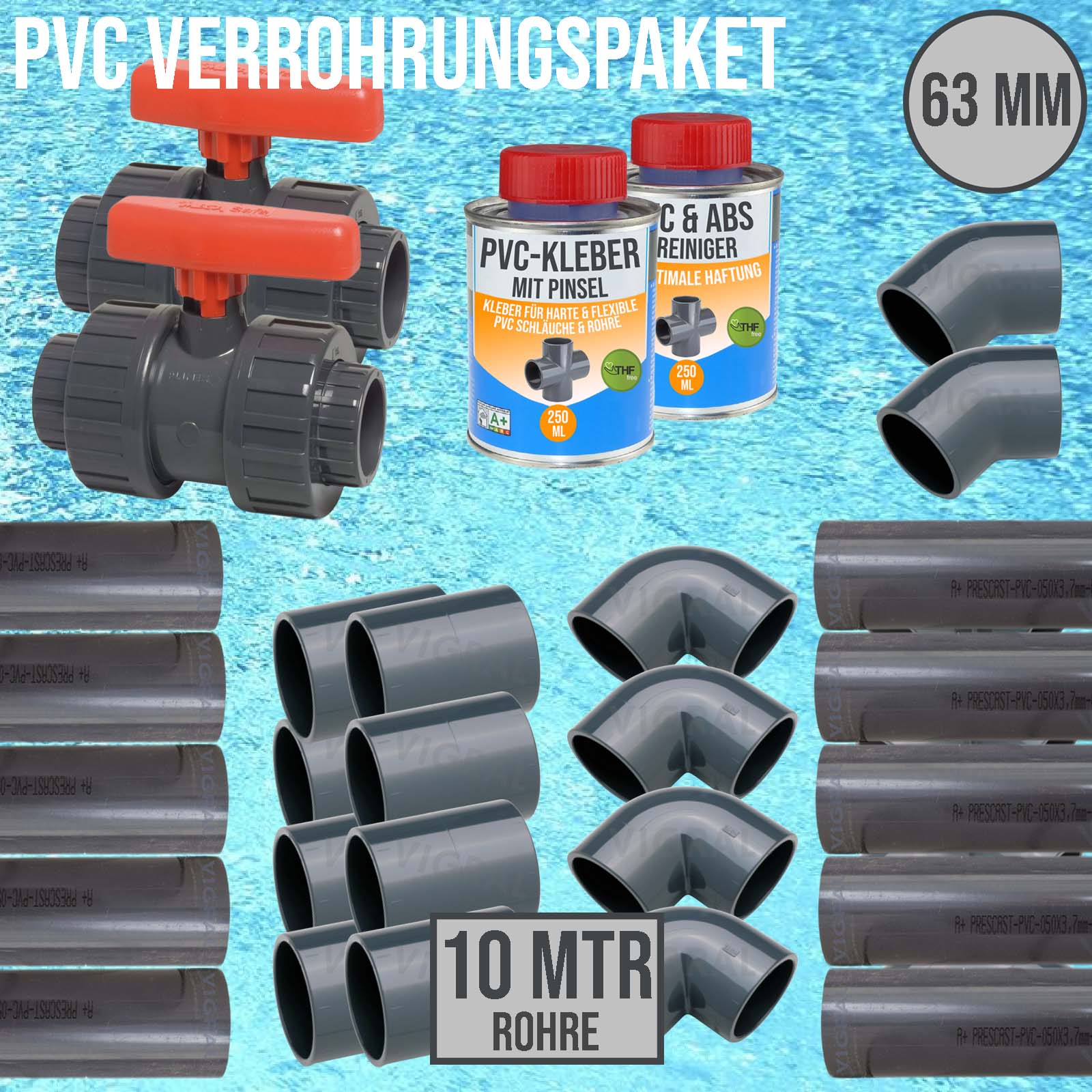 63 mm PVC Klebe Fittings Verrohrungspaket Pool Schwimmbad Schlauch Rohr FEST 10 m - rot