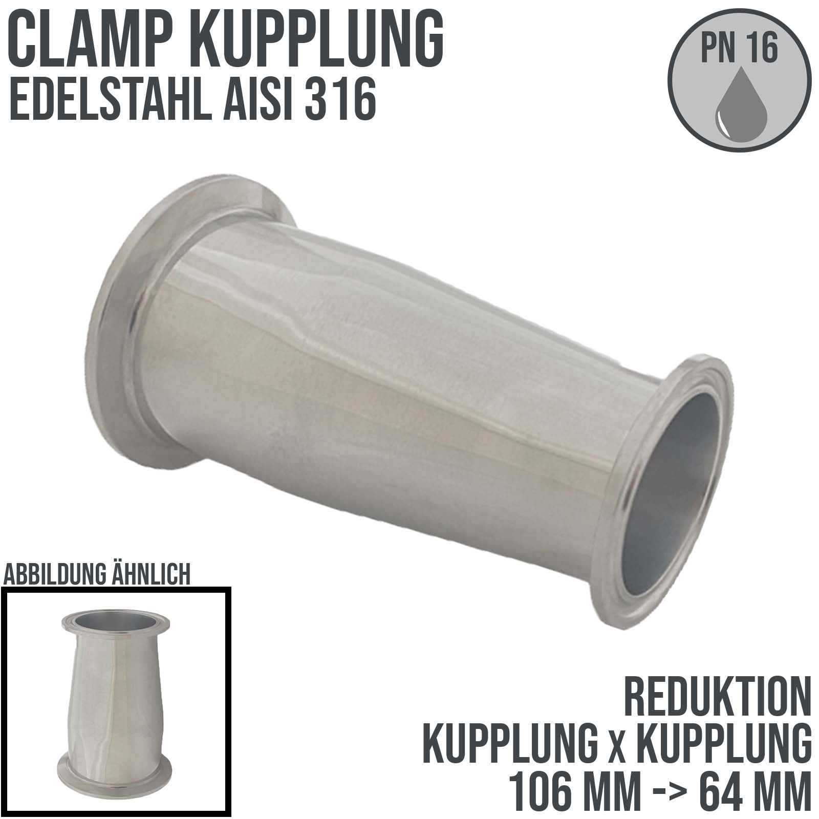 CLAMP Reduktion DIN 32676 Flansch Teller Kupplung 106 mm auf 64 mm - PN 16 bar