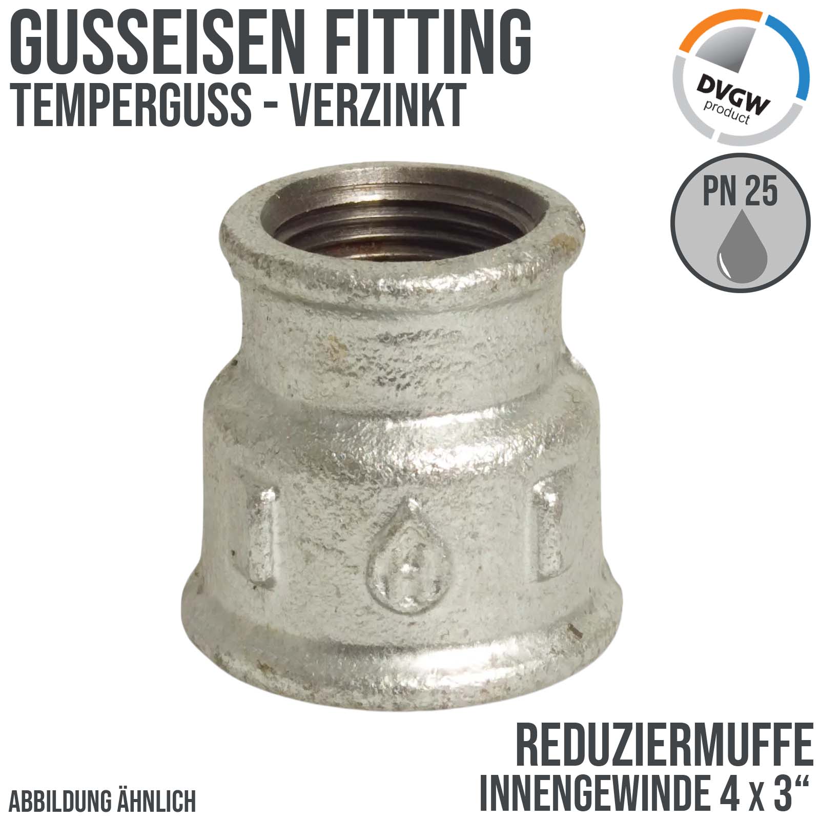 4" x 3" Gusseisen Temperguss Reduziermuffe Innengewinde IG DVGW PN 25 bar