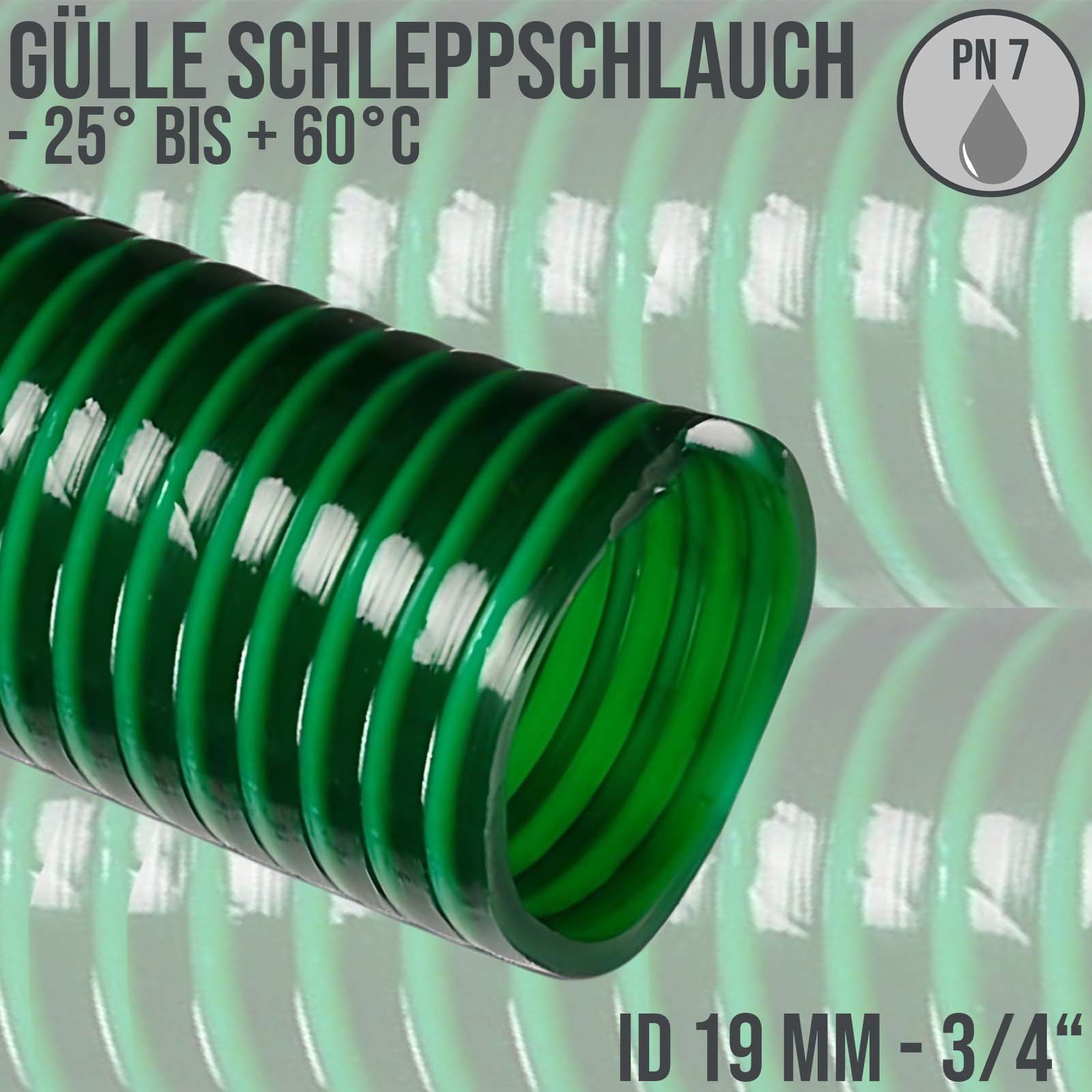 19 mm 3/4" Zoll Schlepp Gülle Saug Ansaug Spiral Förder Pumpen PVC Schlauch grün PN 7 bar