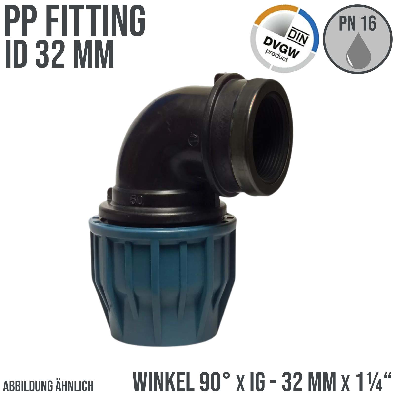 32 mm x 1 1/4" PE PP Fitting Klemm Verbinder Verschraubung Rohr Winkel 90° x IG DVGW - PN 16 bar 