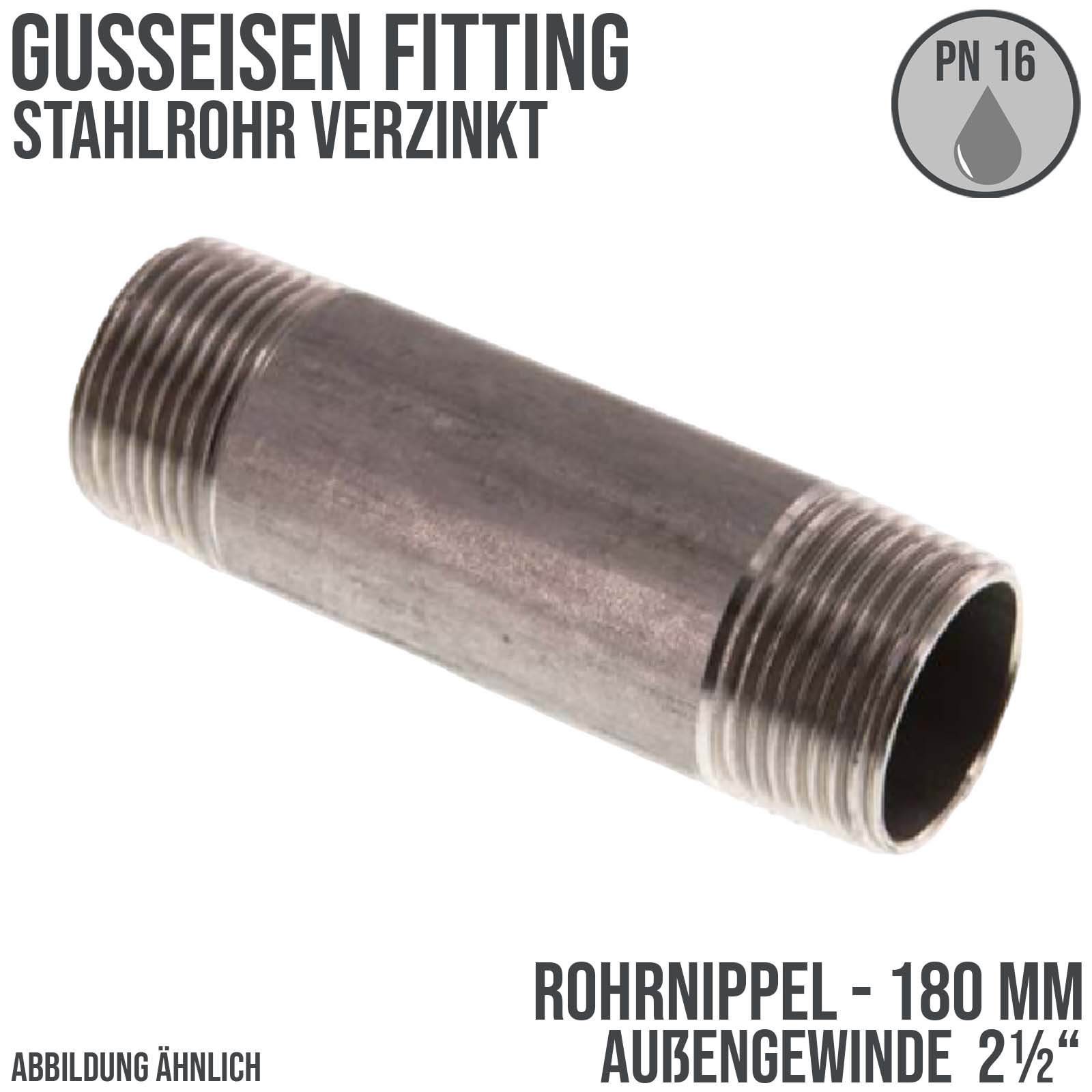 2 1/2" Rohrnippel Stahl verzinkt 180 mm Außen x Außengewinde AG Fittings - PN 16 bar