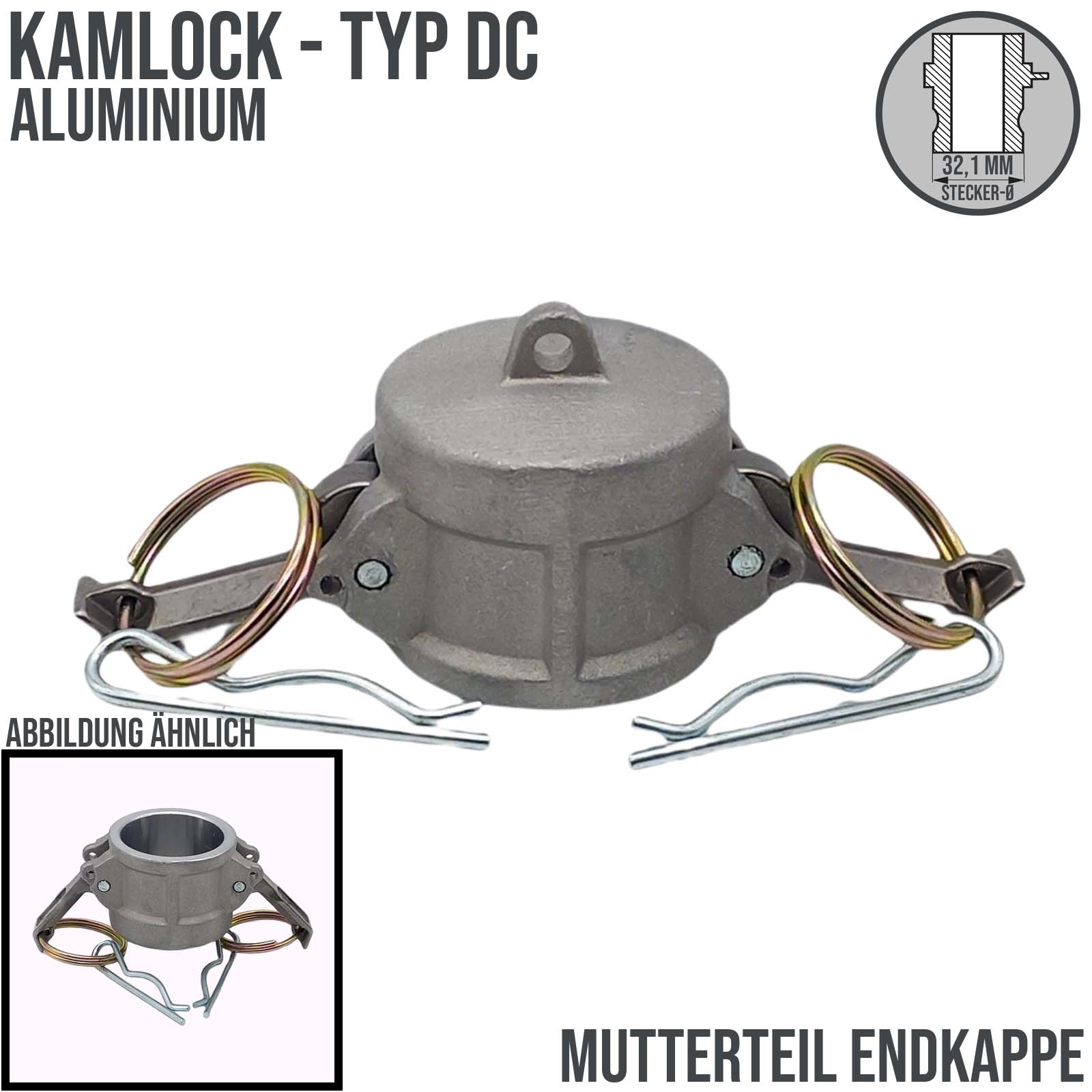 Kamlock Typ DC - End Kappe Aluminium ALU Stopfen Verschluss 32,1 mm 3/4" Zoll DN19 DN20 - PN 17 bar
