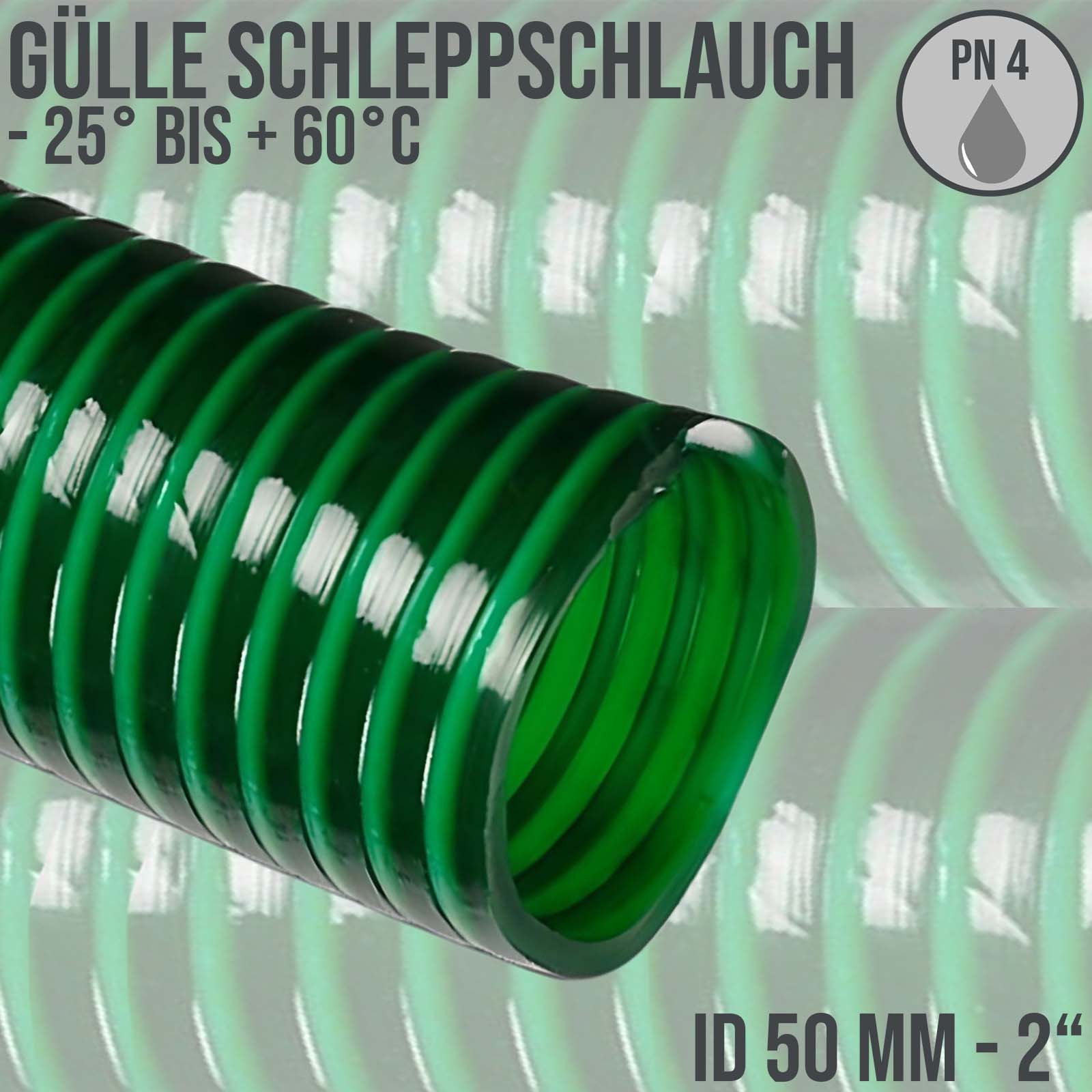 50 mm 2" Zoll Schlepp Gülle Saug Ansaug Spiral Förder Pumpen PVC Schlauch grün PN 4 bar