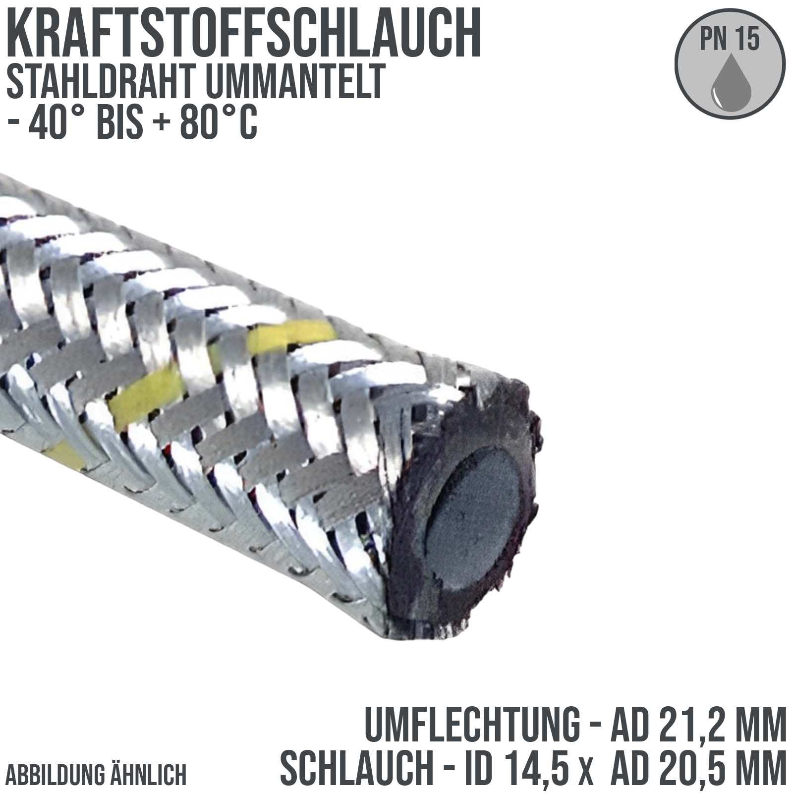 14,5 x 20,5 mm Kraftstoff Silber Benzin Öl Schlauch Stahl Draht Umflechtung NBR - PN 15 bar