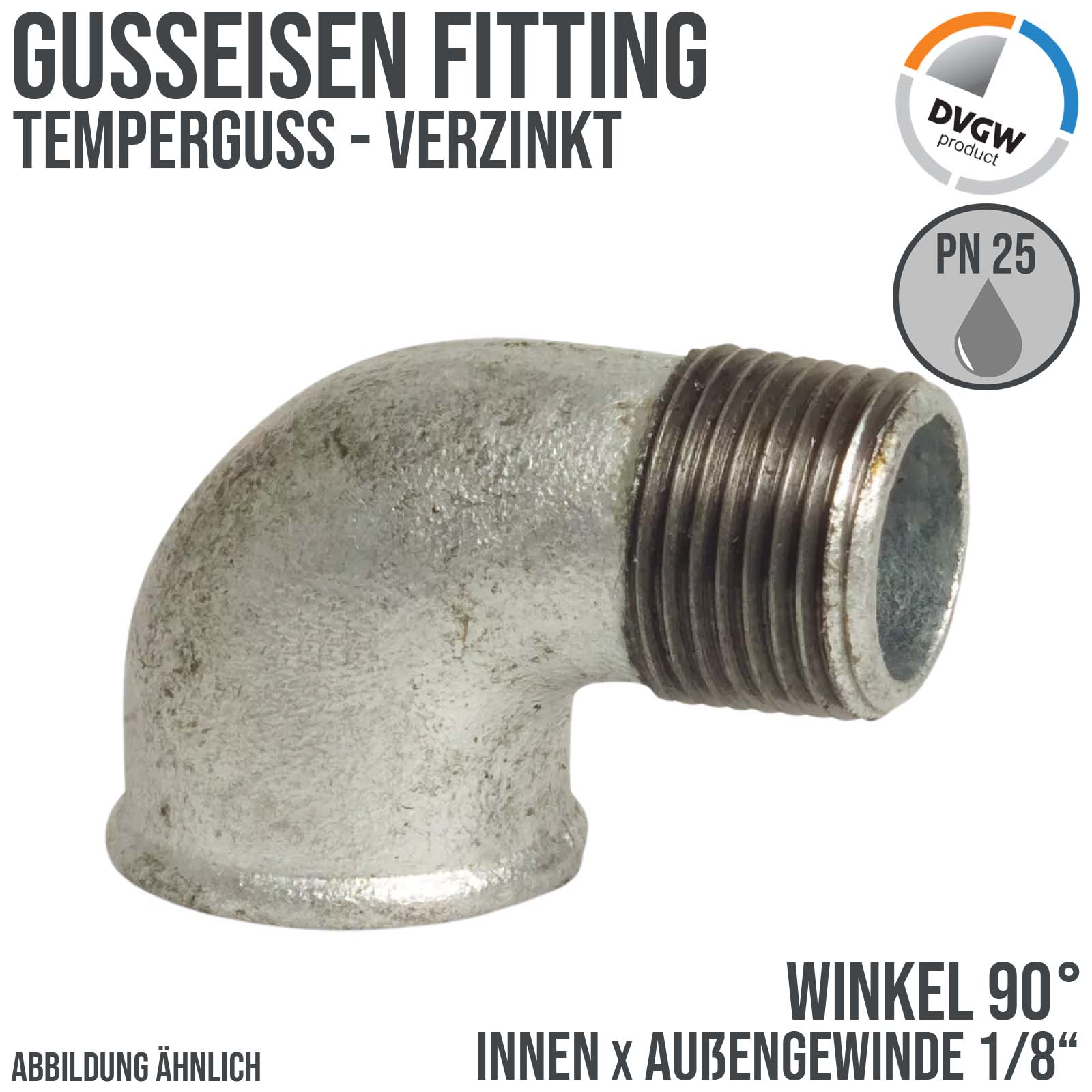 1/8" Gusseisen Temperguss Fitting Winkel 90° Innen x Außengewinde IG x AG DVGW PN 25 bar