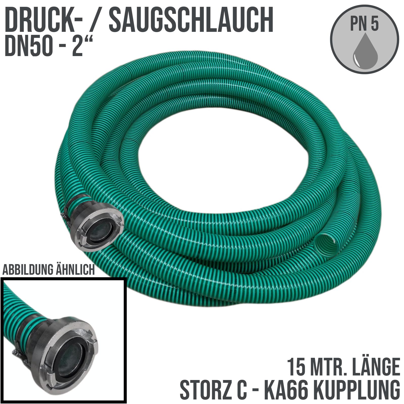 STORZ C DN52 KA66 einseitig - 50 mm 2" PVC Saug Ansaug Pumpen Spiral Schlauch PN 5 bar grün - 15 m Rolle