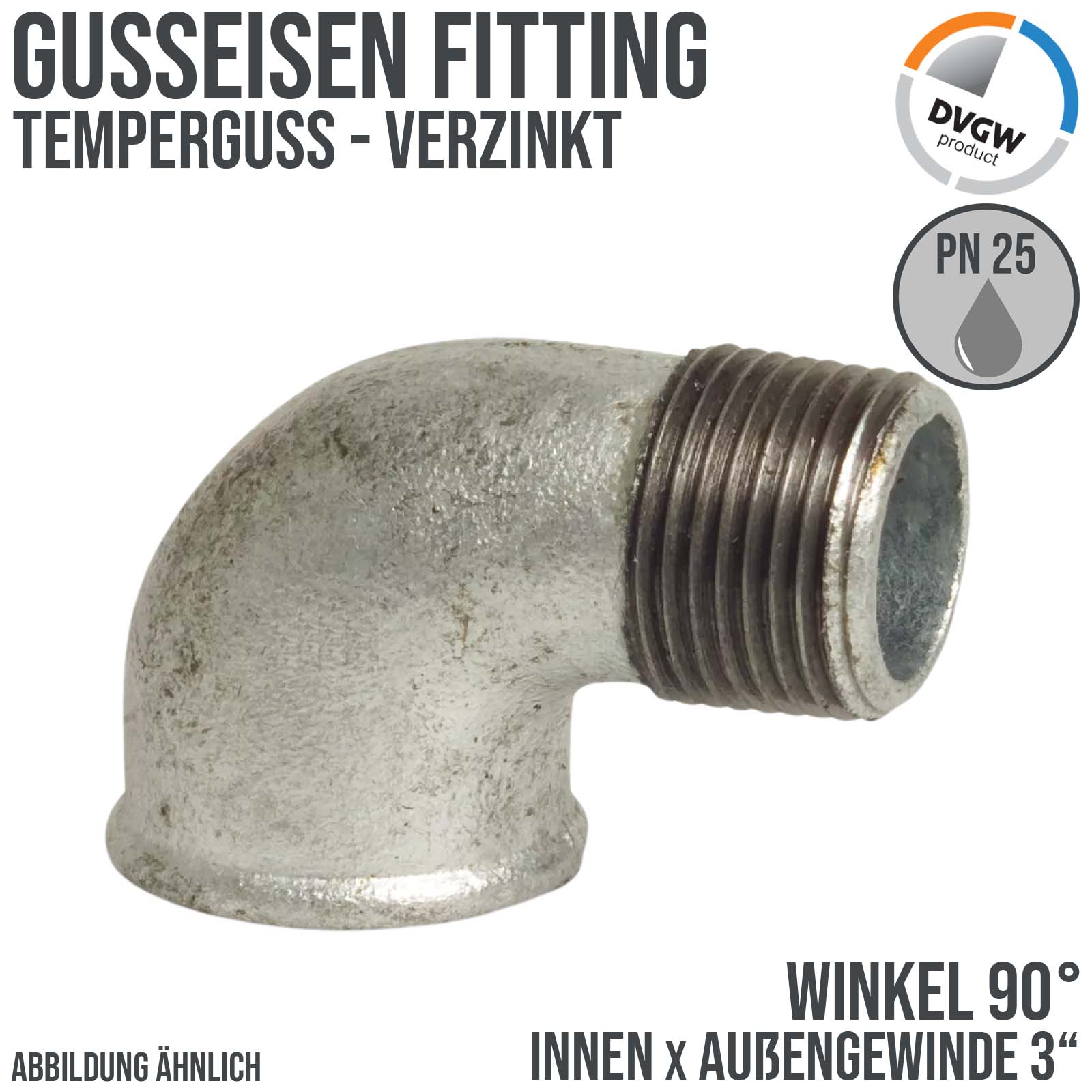 3" Gusseisen Temperguss Fitting Winkel 90° Innen x Außengewinde IG x AG DVGW PN 25 bar