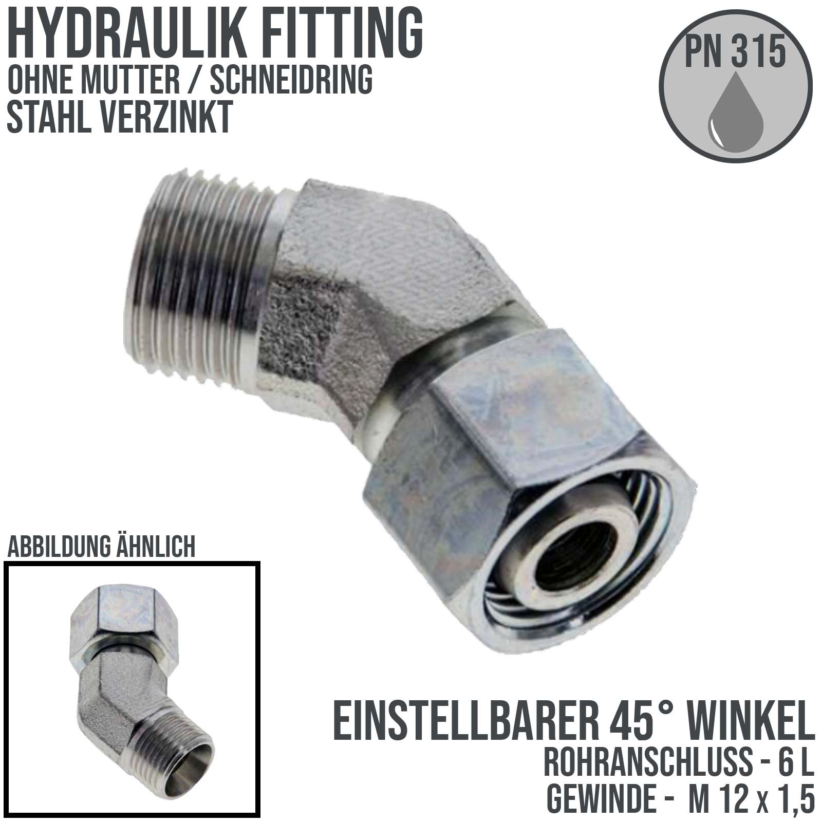Hydraulik Verschraubung einstellbarer Winkel 45° 6 L  (M 12 x1,5) AG x IG ohne Mutter / Schneidring