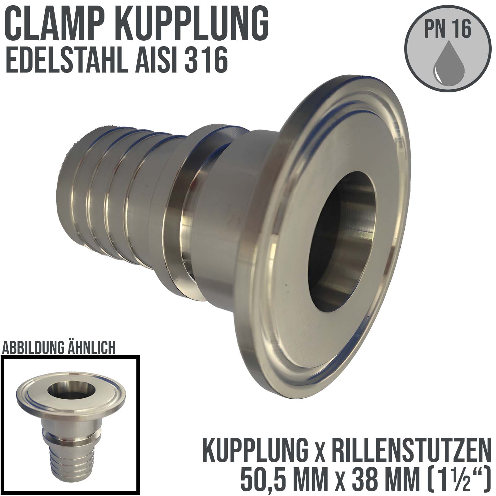 CLAMP Kupplung 50,5 mm Schlauch Stutzen Tülle Rillen 38 mm 1 1/2" - PN 16 bar
