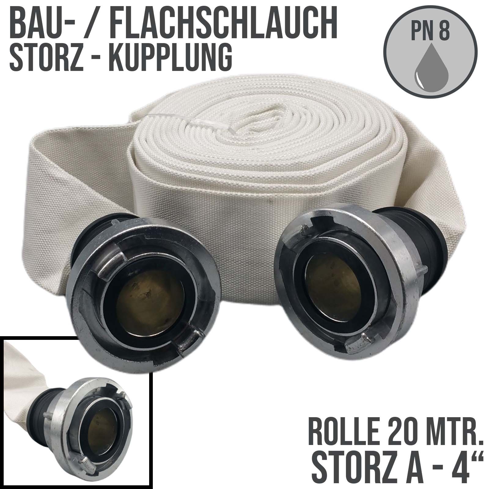 STORZ A KA 133 102 mm 4" Bau Feuerwehr Flach Pumpen Industrie Schlauch Garnitur PN 7 bar - 20 m