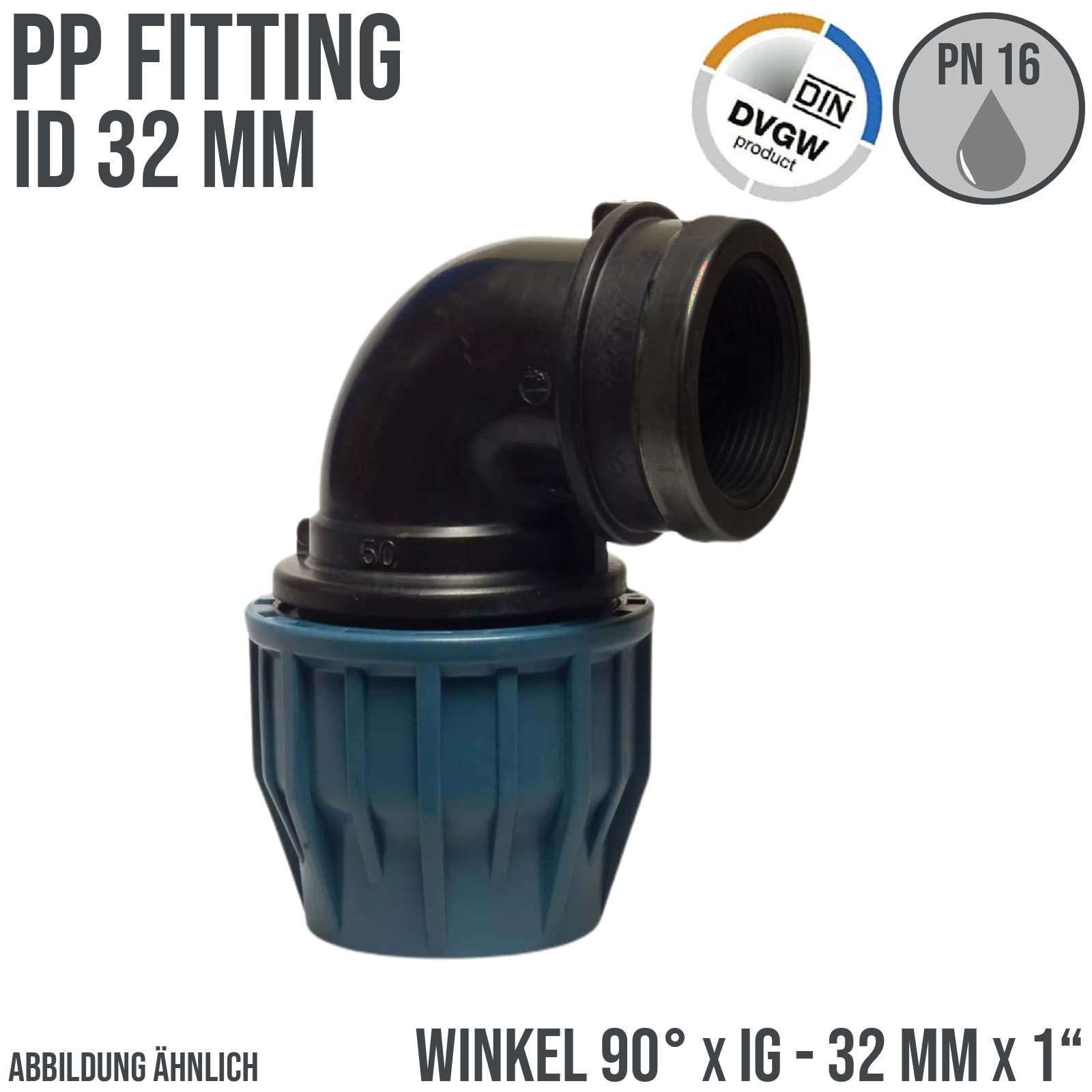 32 mm x 1" PE PP Fitting Klemm Verbinder Verschraubung Rohr Winkel 90° x IG DVGW - PN 16 bar 