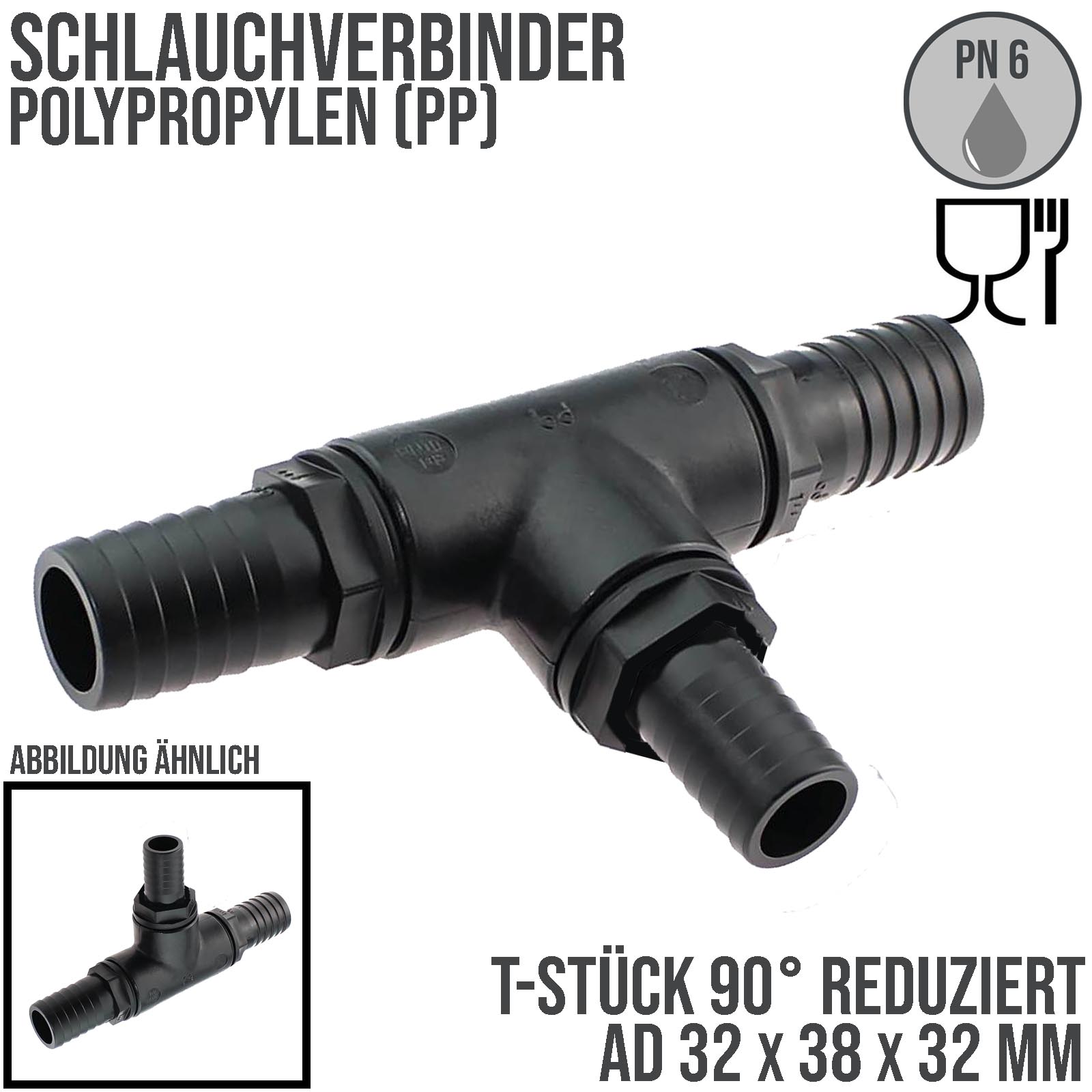 32 x 38 x 32 mm T-Stück 90° Schlauch Verbinder 3-fach Stutzen Tülle Pool Teich Garten schwarz - PN 6 bar