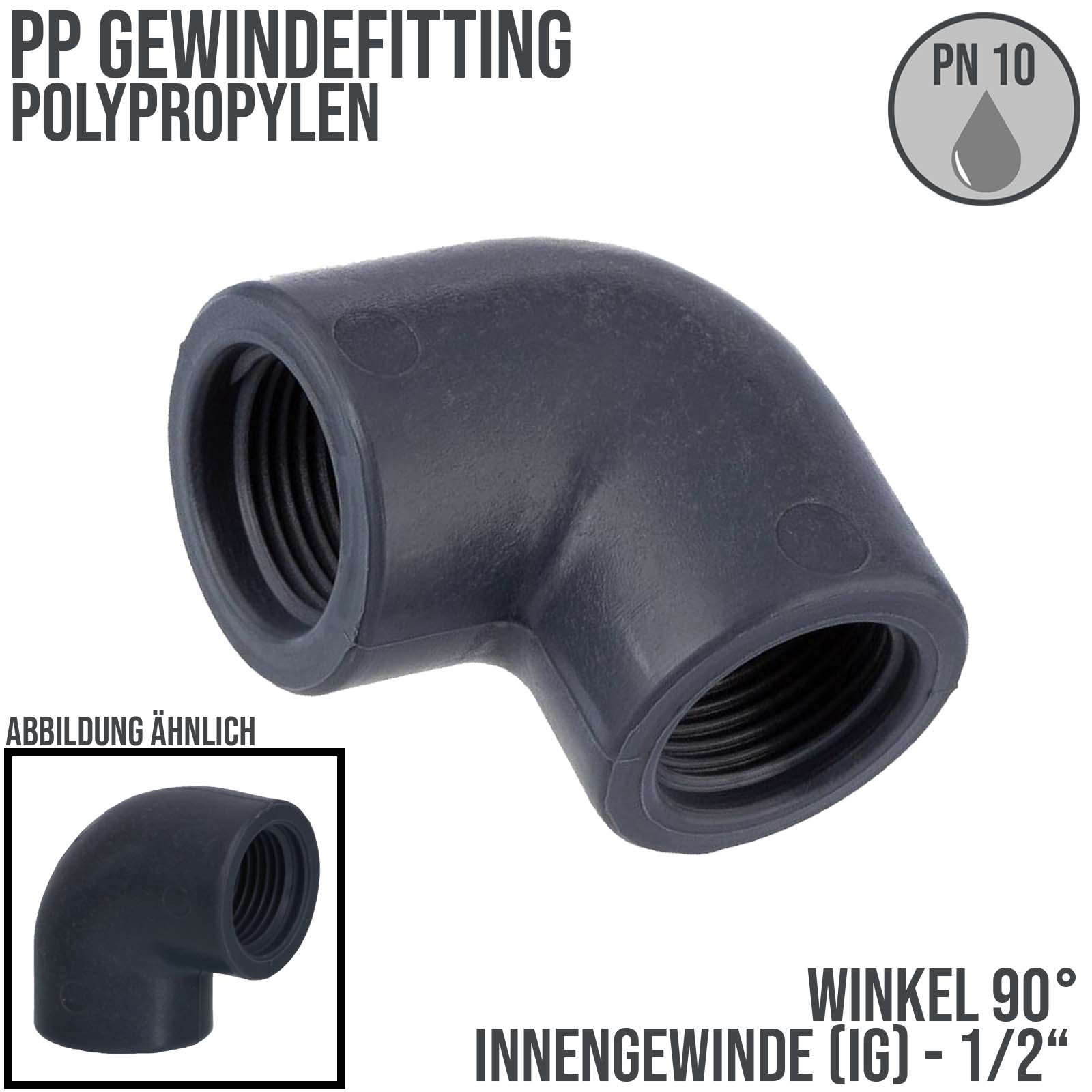 1/2 " PP Gewinde Fitting Winkel 90° schwarz Innen x Innengewinde IG Polypropylen - PN 10 bar