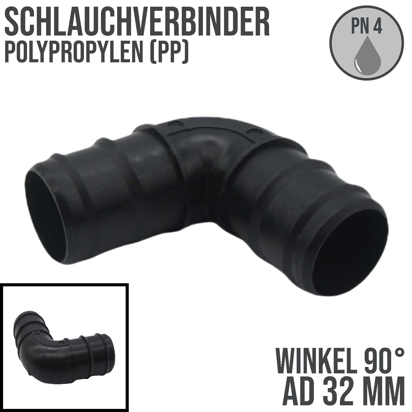 32 mm Winkel 90° PP Schlauch Tülle Stutzen Verbinder Pool Schlauch schwarz - PN 4 bar
