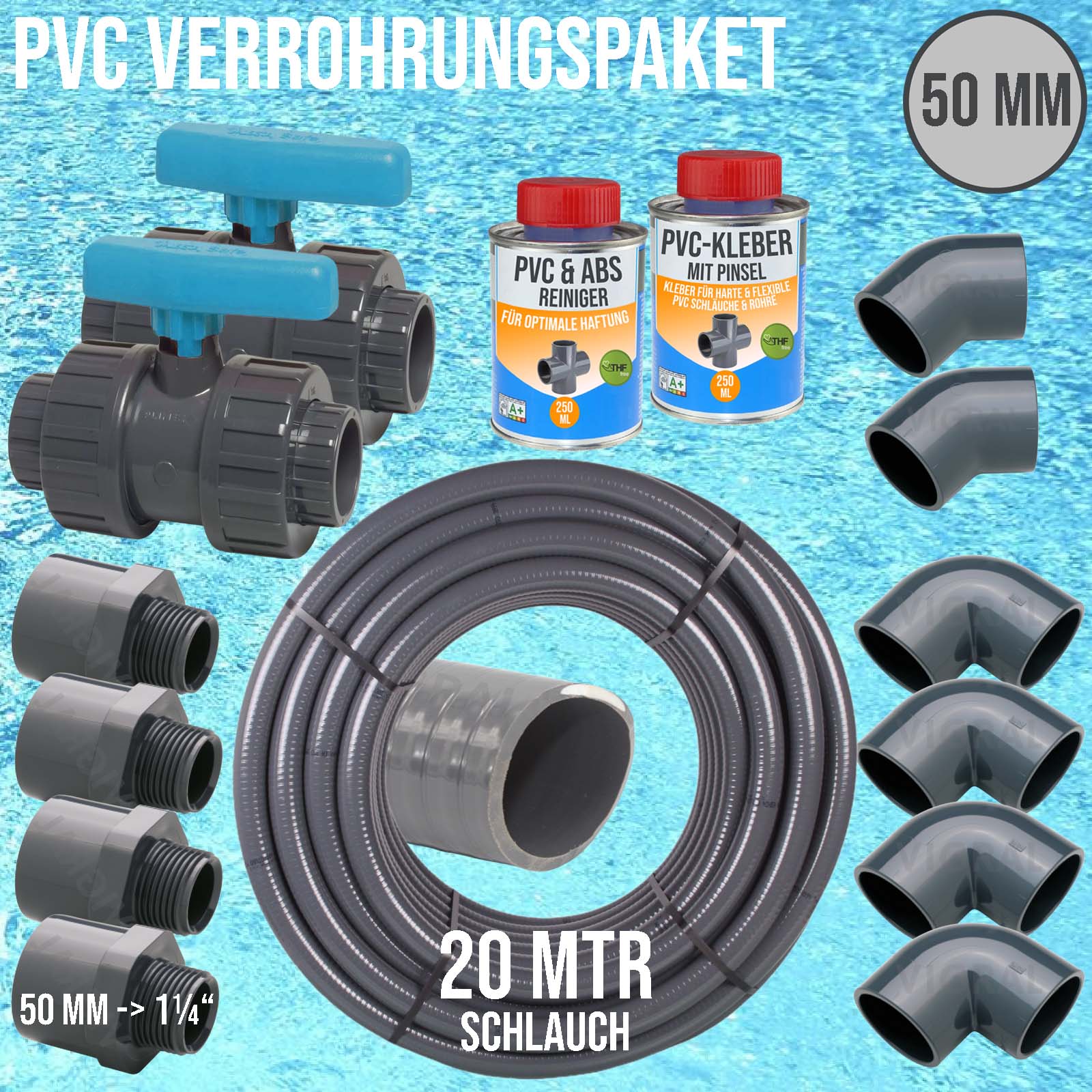 50 mm PVC Klebe Fittings Verrohrungspaket Pool Schwimmbad Schlauch FLEX (1 1/4") - 20 m - blau