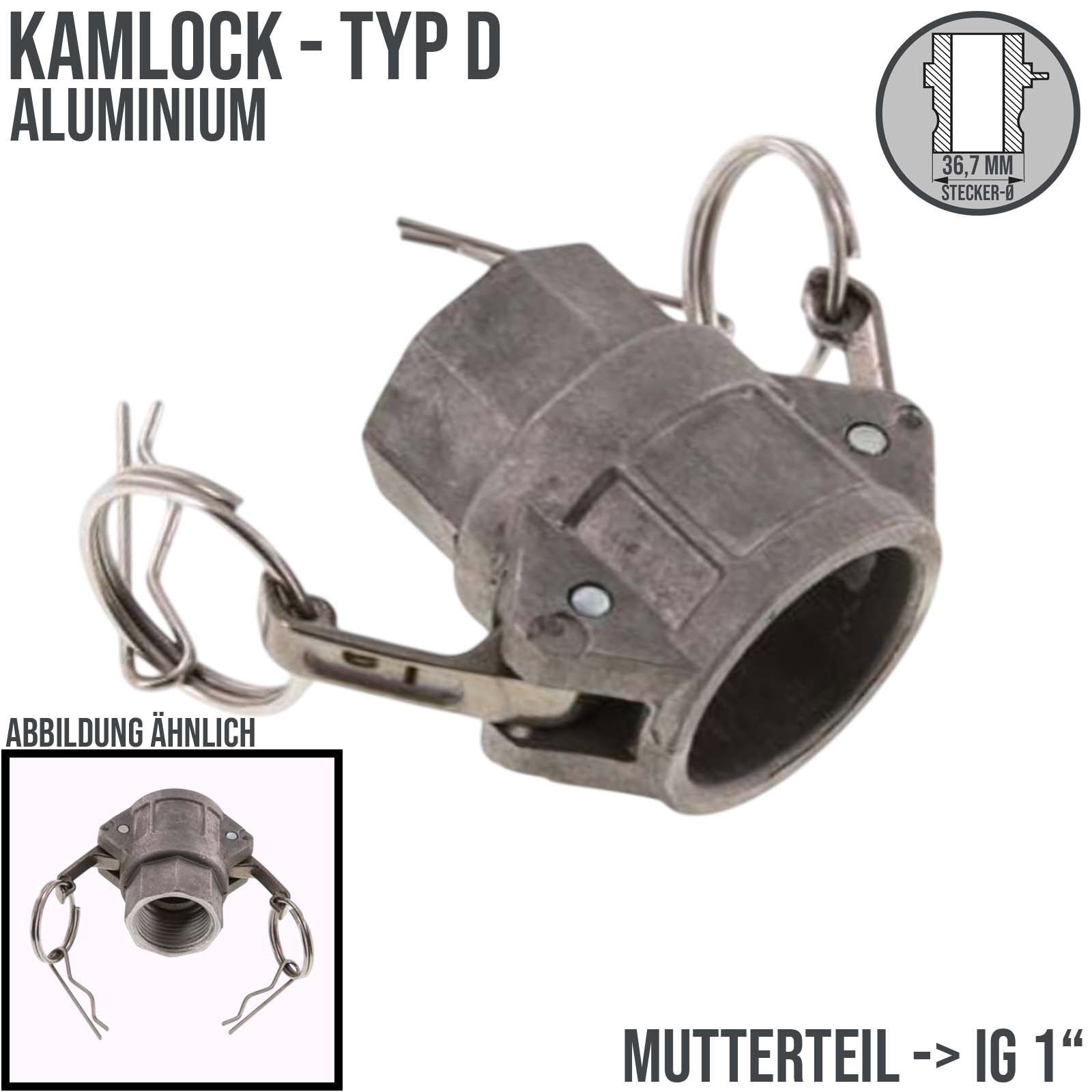 Kamlock Typ D - Mutterteil Aluminium ALU mit Innengewinde (IG) für Stecker 36,7 mm - 1" Zoll DN25 - PN 10 bar