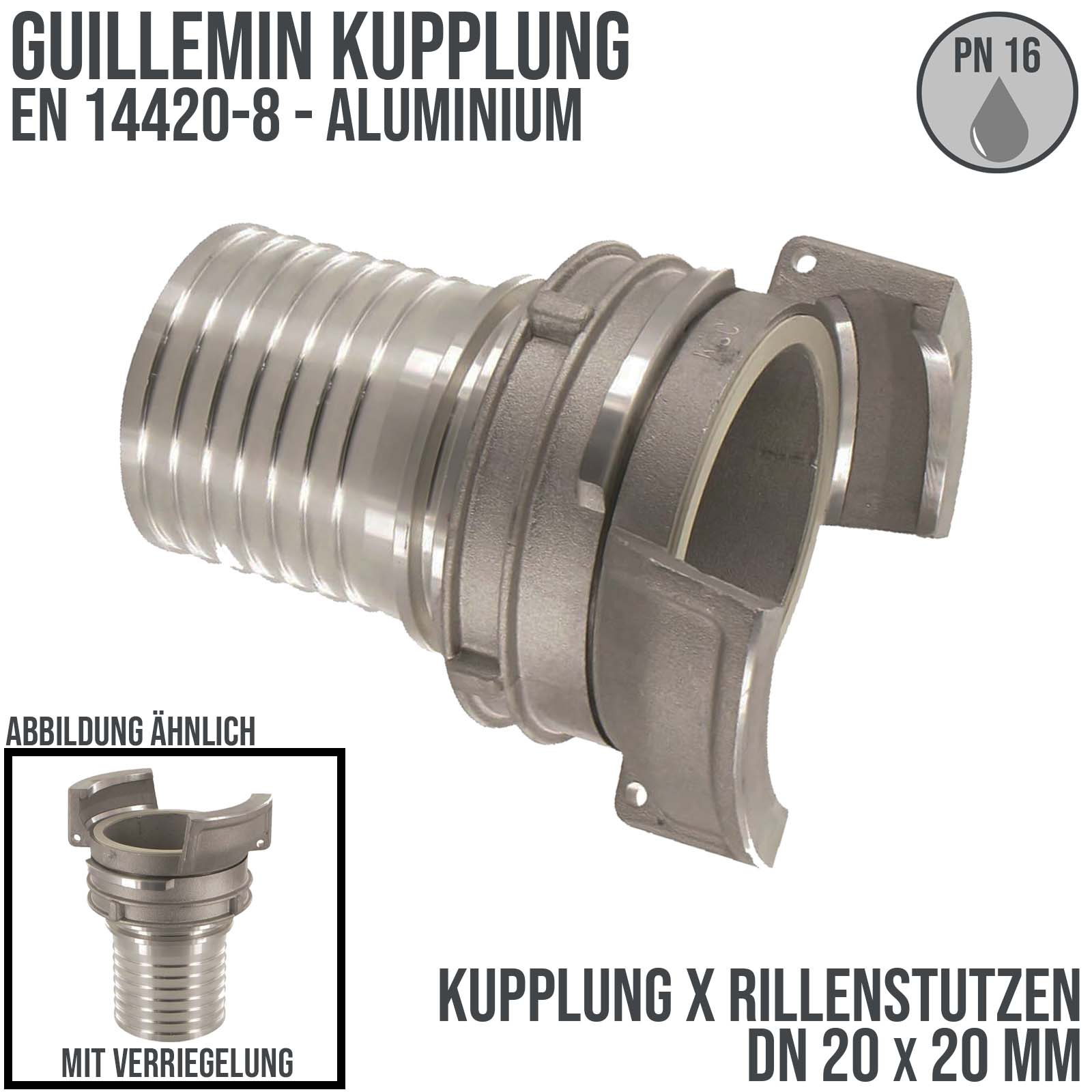 DN 20 Guillemin Kupplung Verriegelung Rillen Stutzen Tülle 20 mm Sicherungsbund Aluminium - PN 16 bar