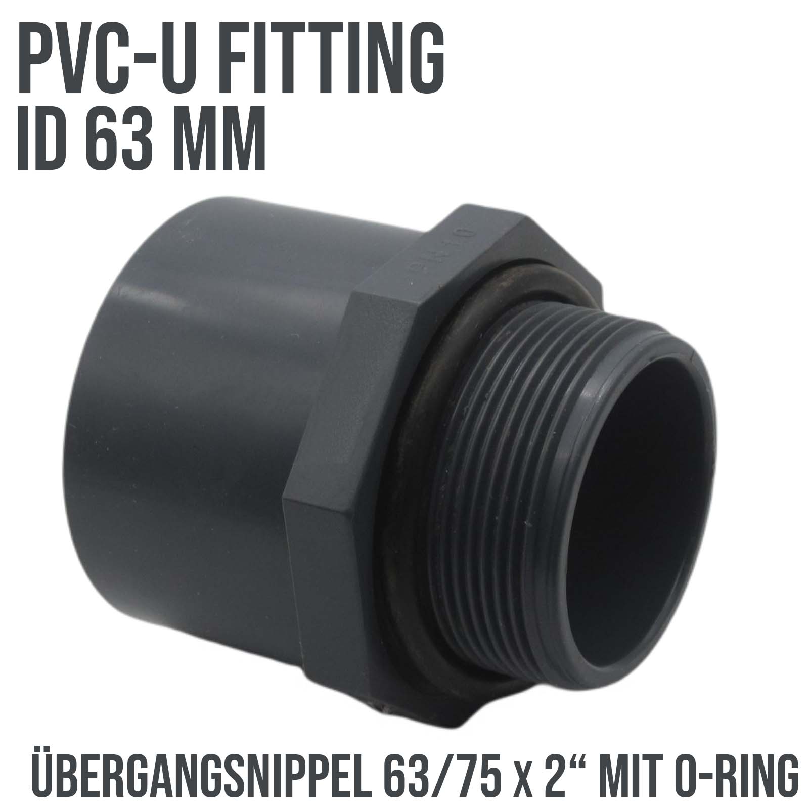63 mm PVC Klebe Fitting Übergangsnippel Sechs-/Achtkant 63/75 mm x 2" mit O-Ring Muffe Verbinder - PN 10 bar