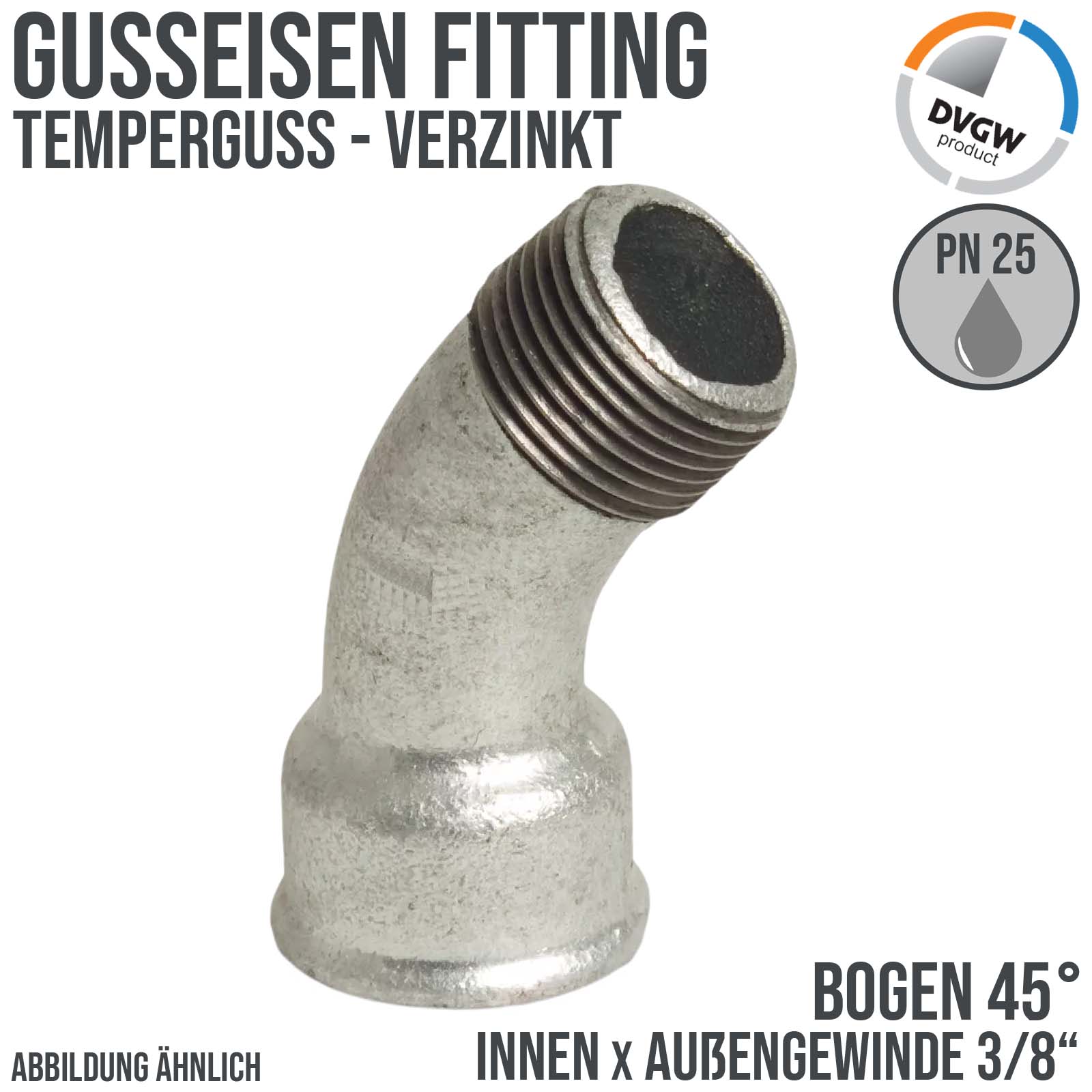 3/8" Gusseisen Temperguss Fitting Bogen 45° Innen x Außengewinde IG x AGDVGW PN 25 bar