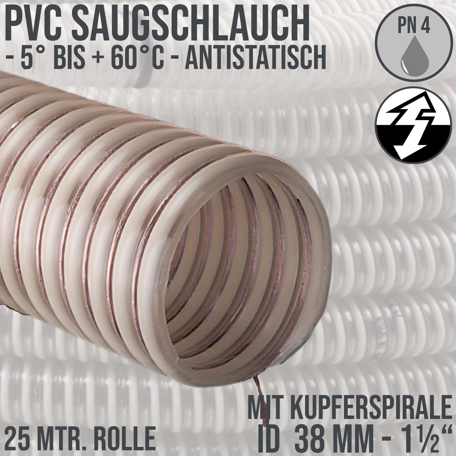 38 mm 1 1/2" Zoll Saug Ansaug Spiral Förder Pumpen Schlauch antistatisch Kupferdraht PN 6 bar - 30 m