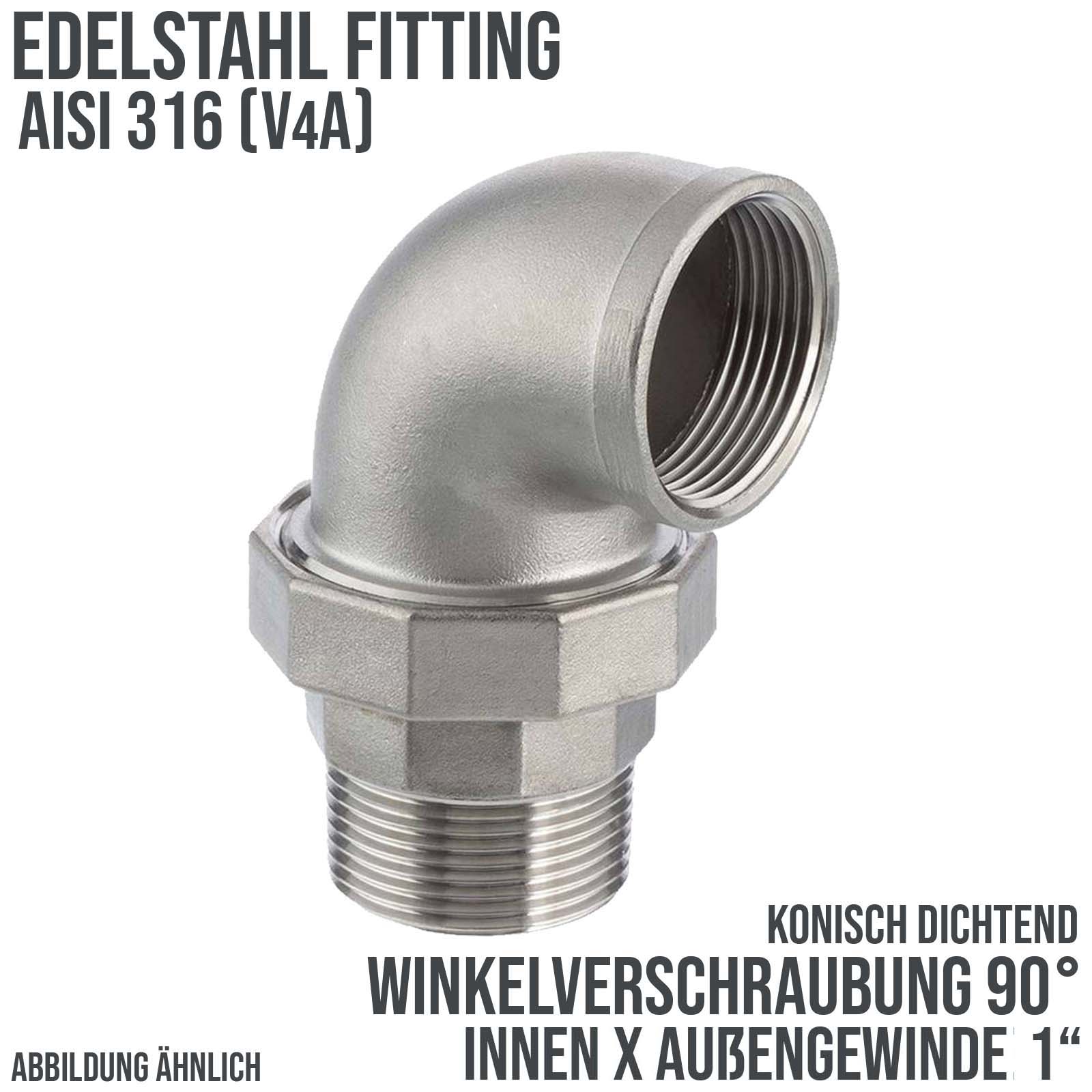 1" Edelstahl Fitting V4A AISI 316 Winkelverschraubung 90° Innen x Außengewinde IG x AG konisch dichtend - PN 16 bar